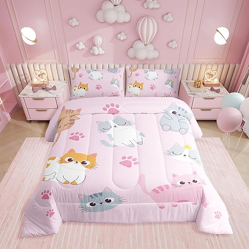 Erosebridal Juego de edredón para niños, tamaño individual, lindo juego de ropa de cama de gatos coloridos para niñas, decoración de habitación