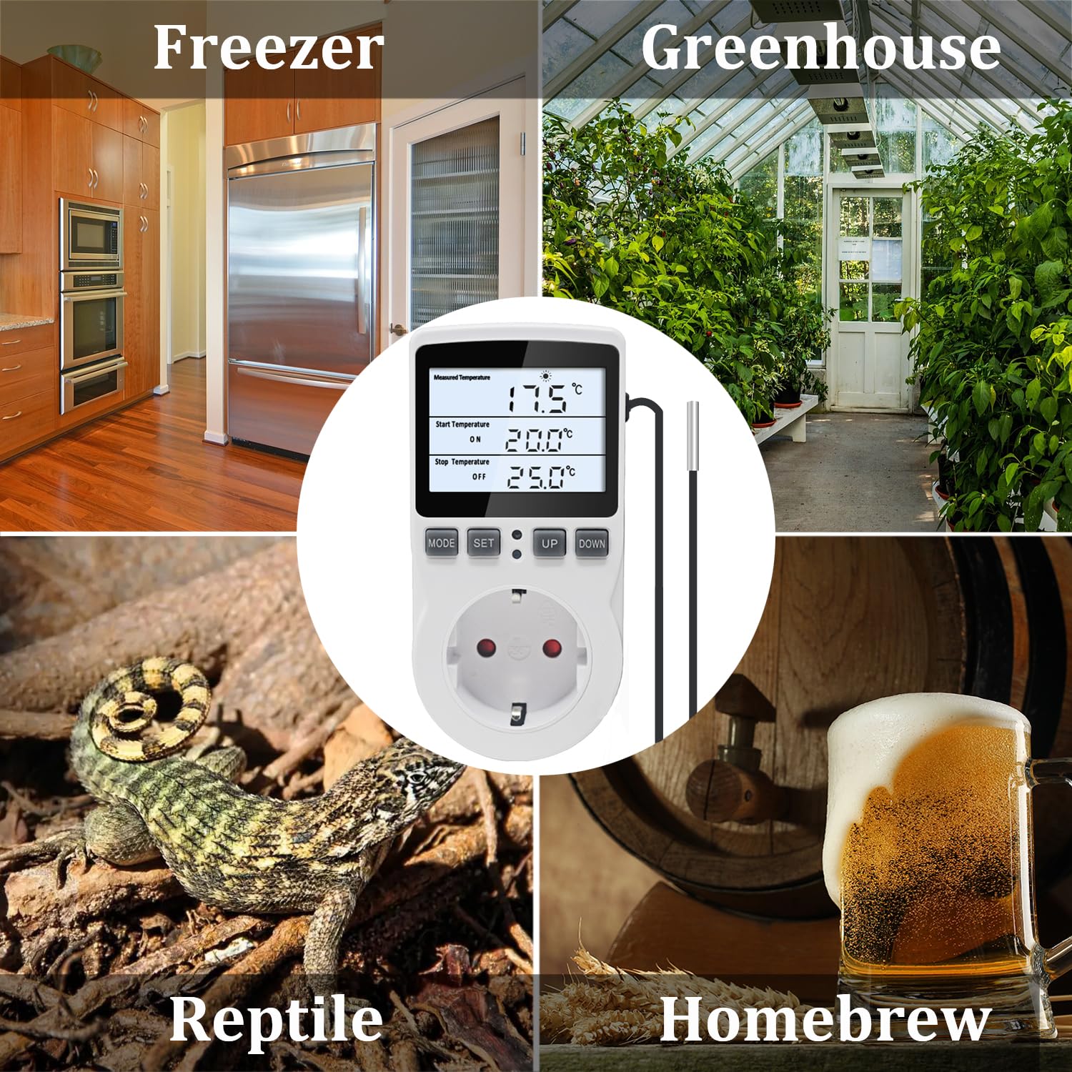 KETOTEK Termostat gniazdko 230 V z podświetleniem, cyfrowy regulator temperatury, gniazdko z czujnikiem 3 m, ogrzewanie, chłodzenie, sterowane temperaturą, gniazdko 220 V