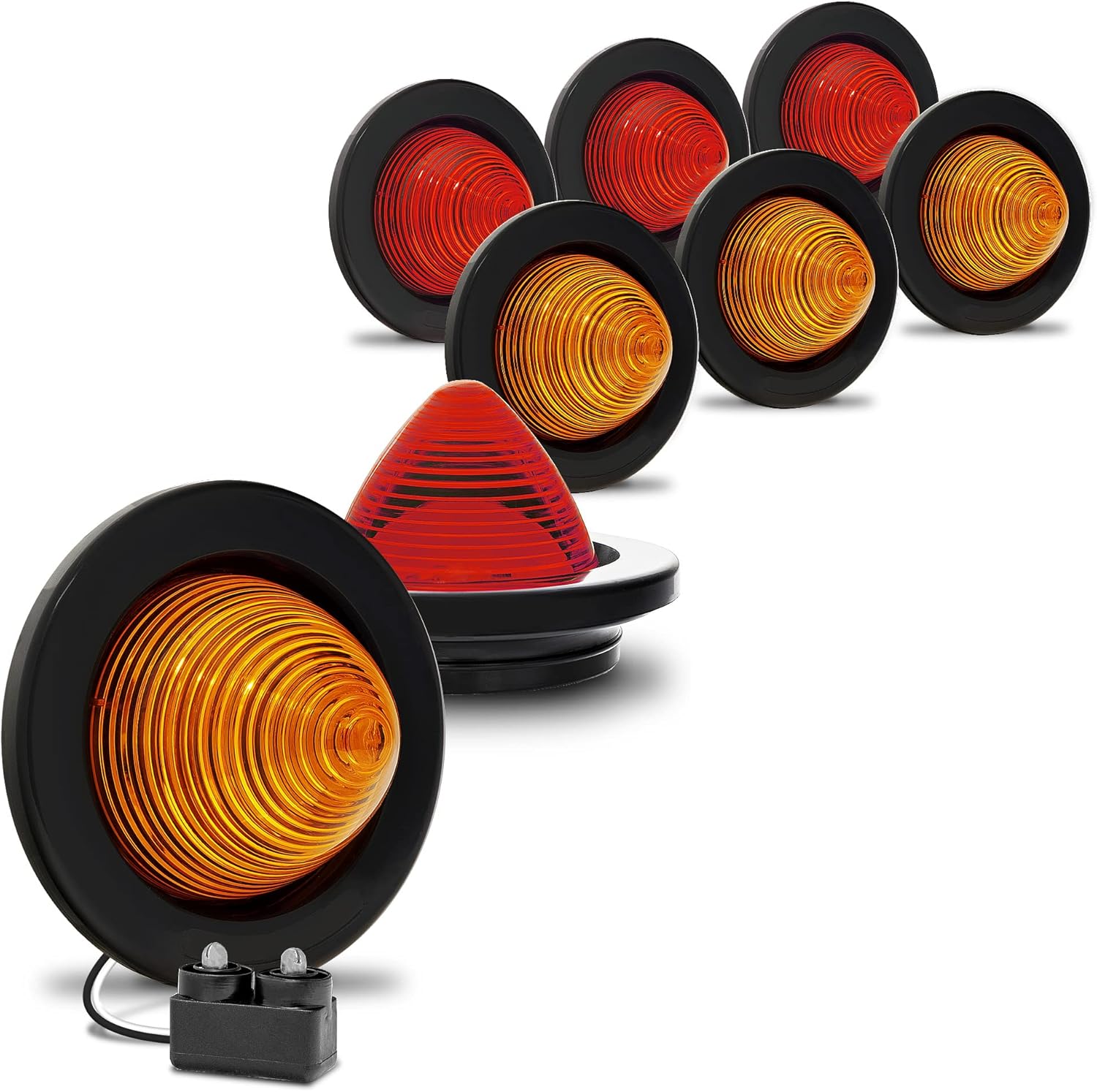 TRUE MODS 8pc 2.5 Inch Round Amber/Red Beehive LED Boat Trailer Marker Light [DOT FMVSS 108] [SAE P2] [Grommet & Plug] [IP67 Submersible] Bee Hive Cone Clerance Side Marker for RV Semi Truck Auto