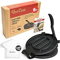 Uno Casa 8-Inch Pre-Seasoned Cast Iron Tortilla Press with 100 Parchment Papers - Heavy-Duty Roti Maker for Tortillas, Empanadas, Flatbreads