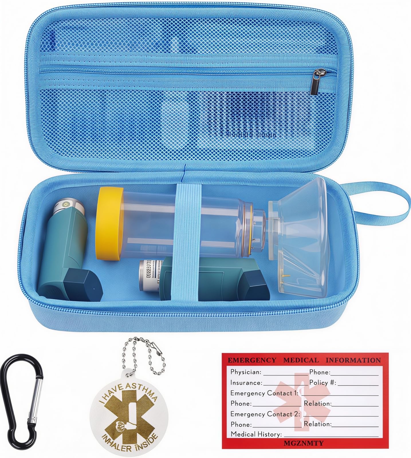 MGZNMTY Travel Carrying Case Compatible with Asthma Inhaler Spacer for Adults and Children, Masks, Inhaler Holder with Asthma Alert Tag and Medical Card, Carabiner (Only Case) (Sky Blue)