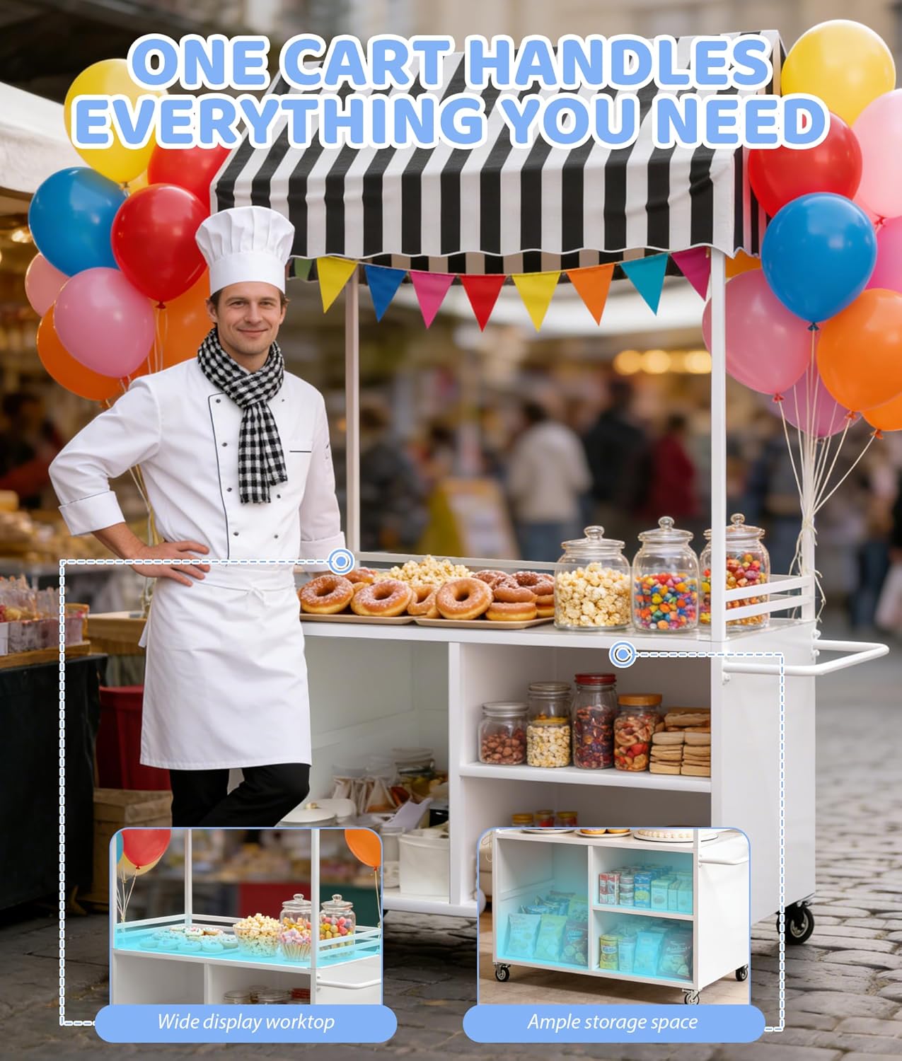 Portable Candy Cart with Canopy, 77in Tall Outdoor Food Cart 3 Drawers & Storage Cabinet 360° Large Wheels Heavy Duty Utility Cart for Party Concession Business (Small Wheel)