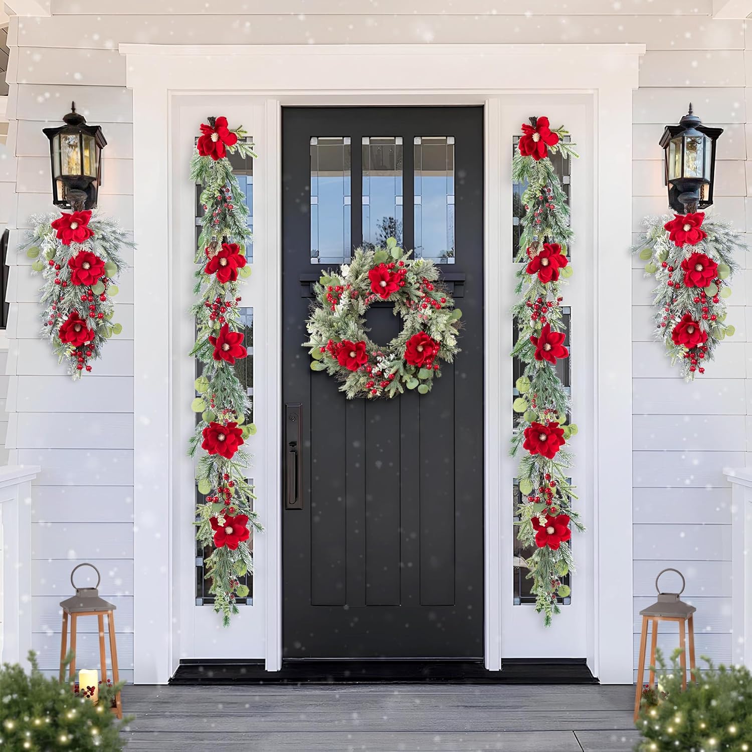 Glitzhome Christmas Wreath for Front Door, 24 Inch Artificial Red Magnolia Berry Holiday Greenery with Pine Needles, Indoor and Covered Porch Decor, Traditional Entryway Wall Hanging Decoration - Image 4