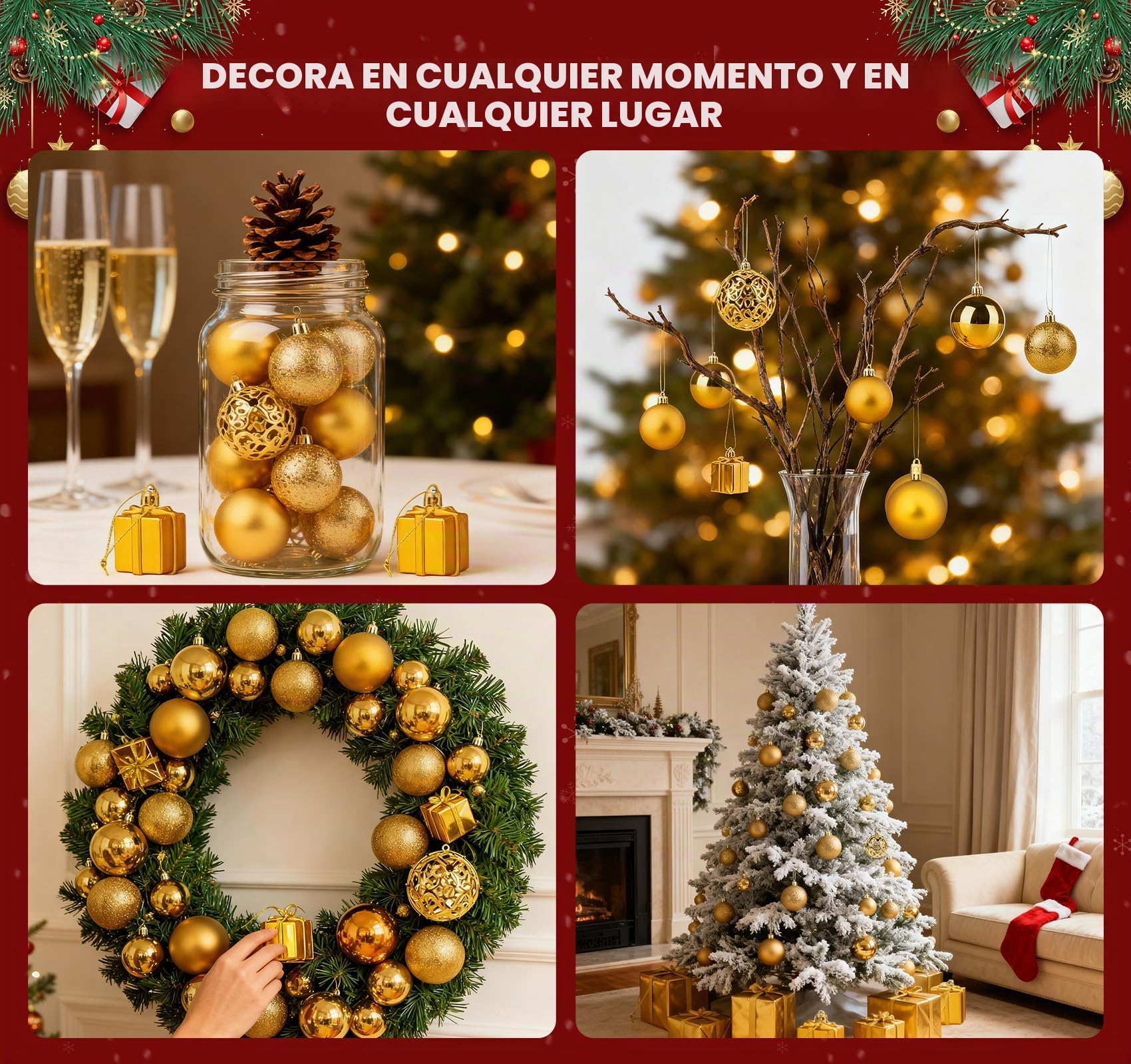 ilauke 105 Bolas de Navidad Doradas de Plástico,Centelleante Bolas Navidad Reutilizable con Cordón,Colgantes y Adornos para árbol de Navidad en Diferentes Tamaños para Navidad Fiestas Bodas-Ø3/4/6CM