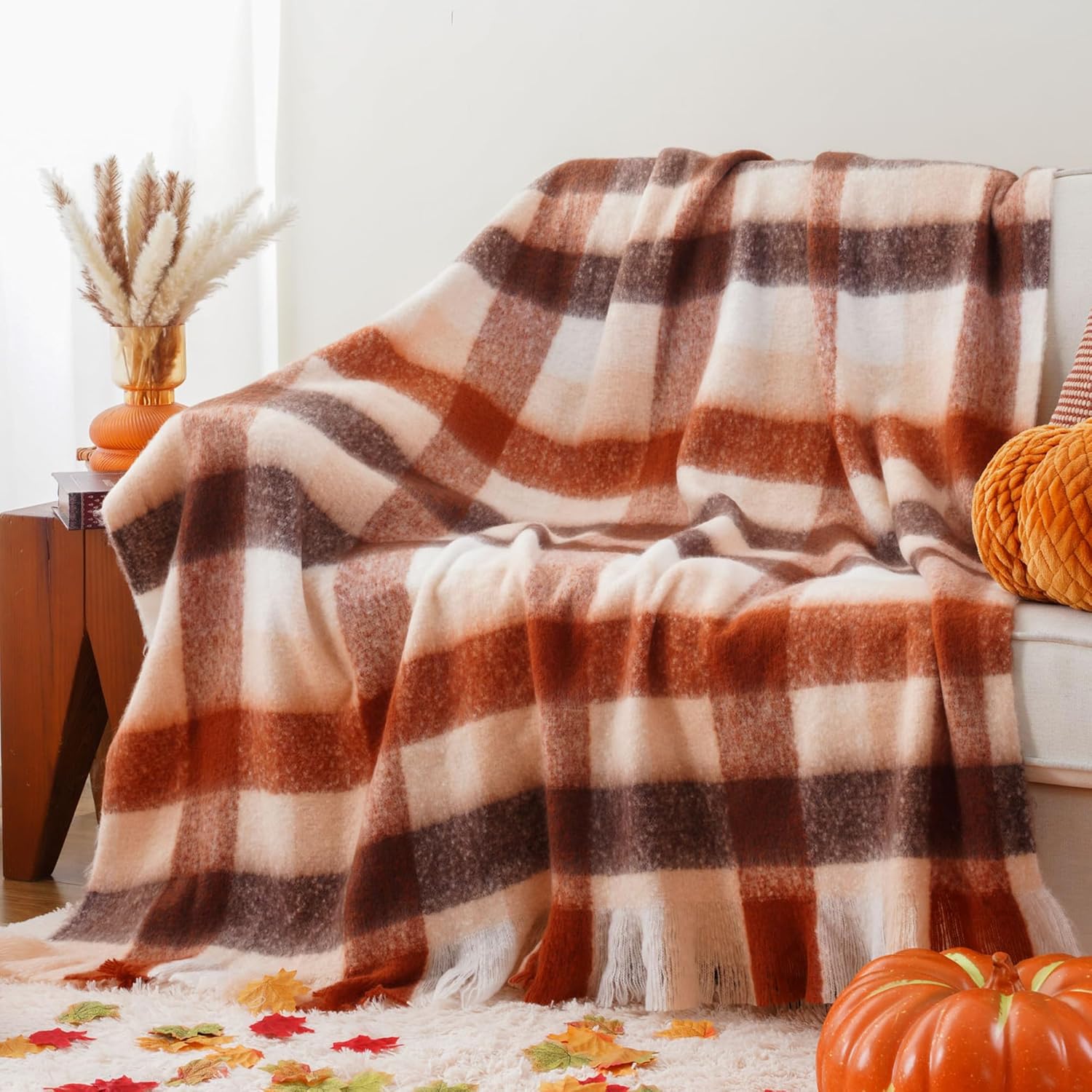 BATTILO Rust Plaid Throw Blanket for Couch Bed, Soft Mohair Tartan Plaid Blanket, Farmhouse Style Checkered Pattern, Fall Throw Blankets for Home Decor(50"x60")