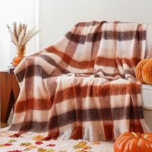 Battilo Mohair Tartan Plaid Blanket, Rust Check Throws for Sofa, 125x150cm