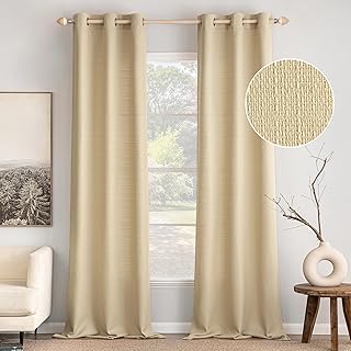 Light Beige Faux Linen Textured Curtains 84 Inch Length 2 Panels Set for Living Room Bedroom Privacy Casual Weave Farmhouse Burlap Semi Sheer Grommet Top Light Filtering Window Drapes, W37xL84