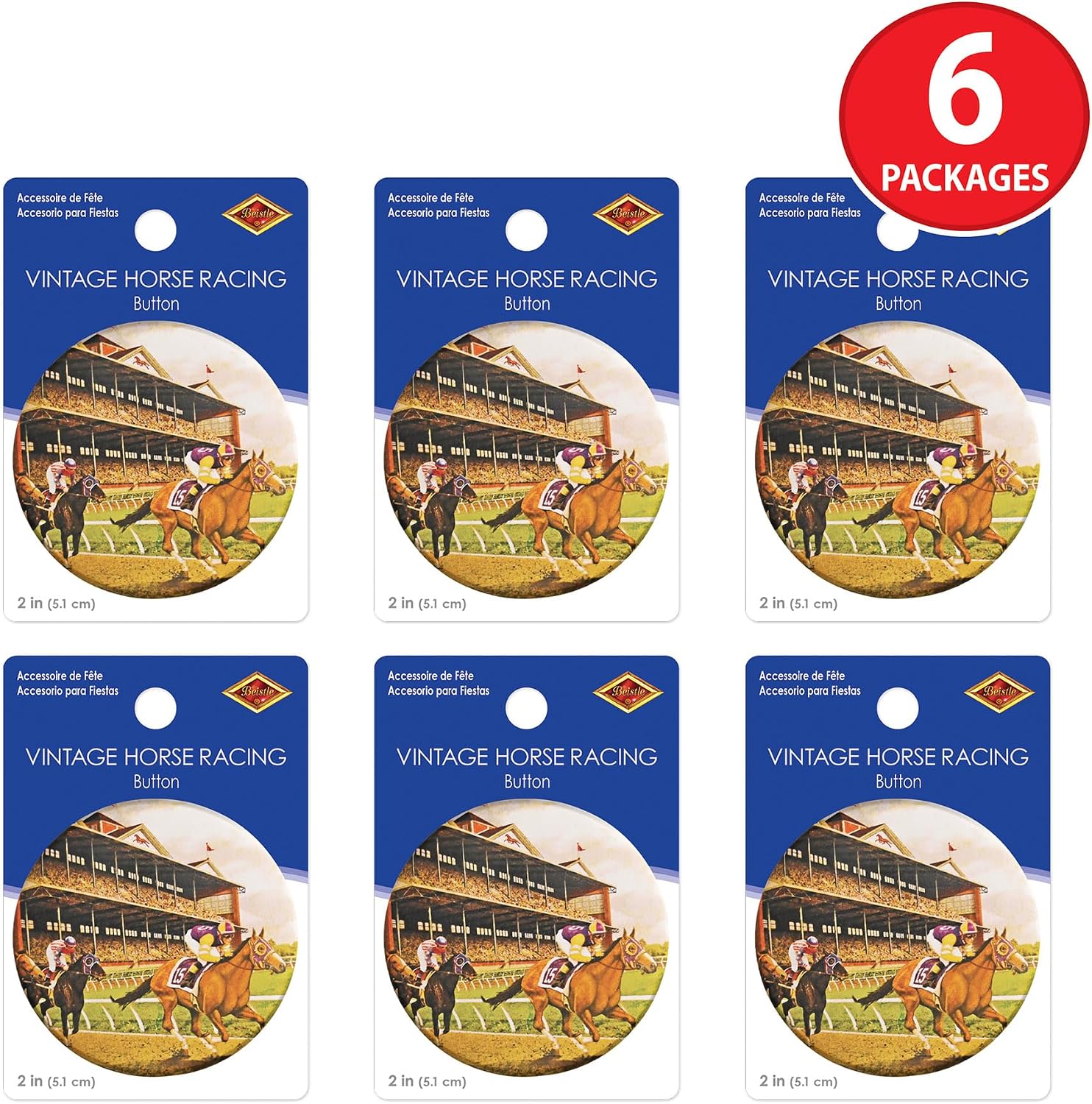 Beistle 6 Piece 2" Vintage Horse Racing Pinback Buttons, Equestrian Themed Racehorse Party Favors