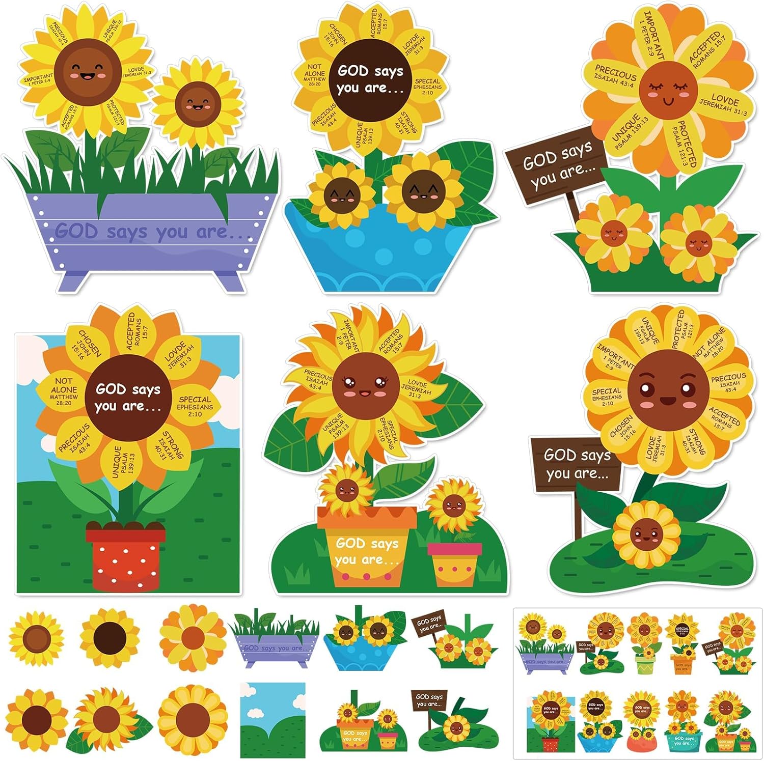 chiazllta 30 Pack Christian Arts Crafts Kit for Kids VBS Crafts Sunflower Cardboard with Religious Stickers Catholic Vacation Bible DIY Ornaments Gift for Sunday School Game Activities Supplies