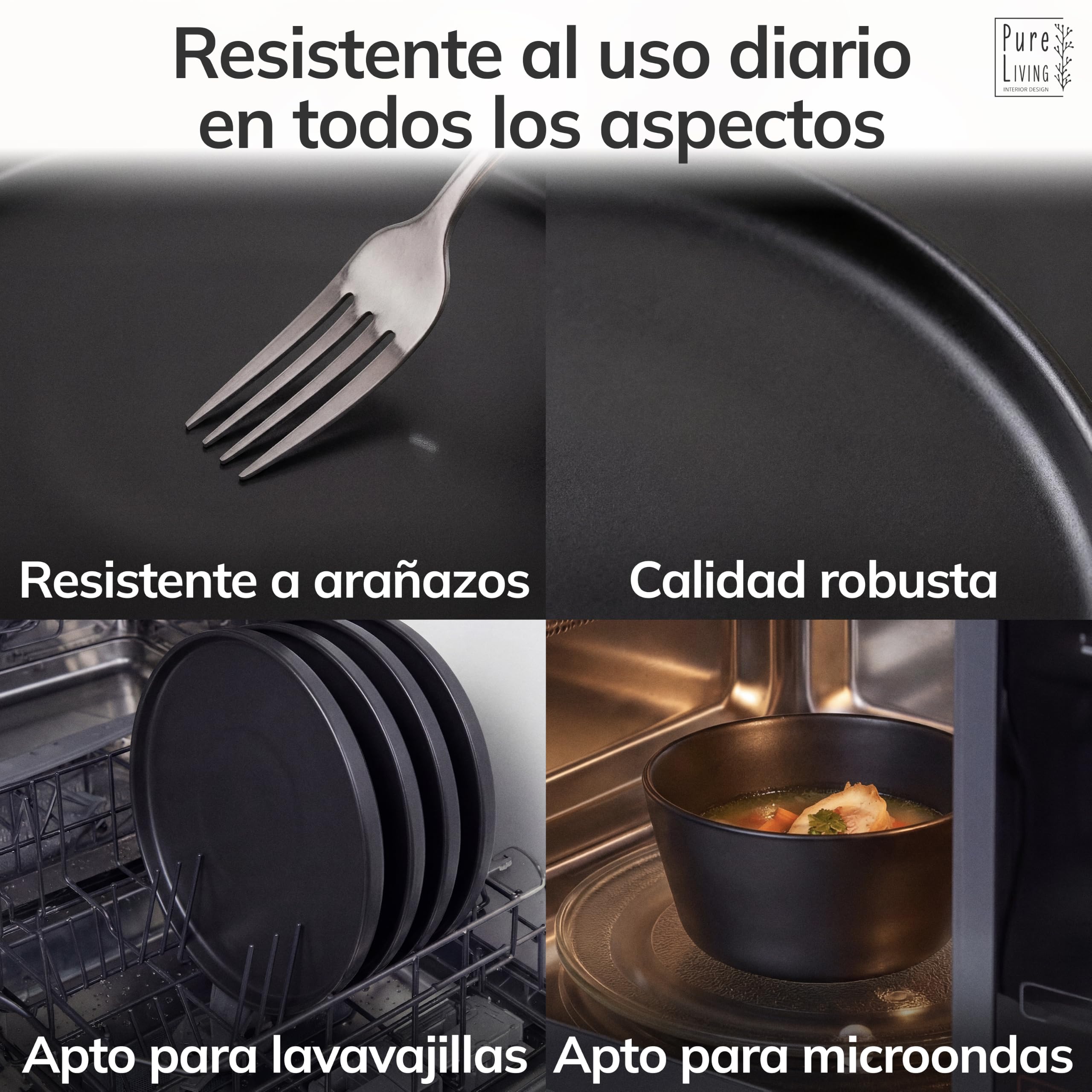 Vajillas Completas de Piedra Negra para 6 Personas -Estilo Urbano Moderno - Juego de Platos de 18 Piezas - Aptos para Lavavajillas y Microondas - Vajilla Negra Mate -Set de Platos Elegante y Funcional