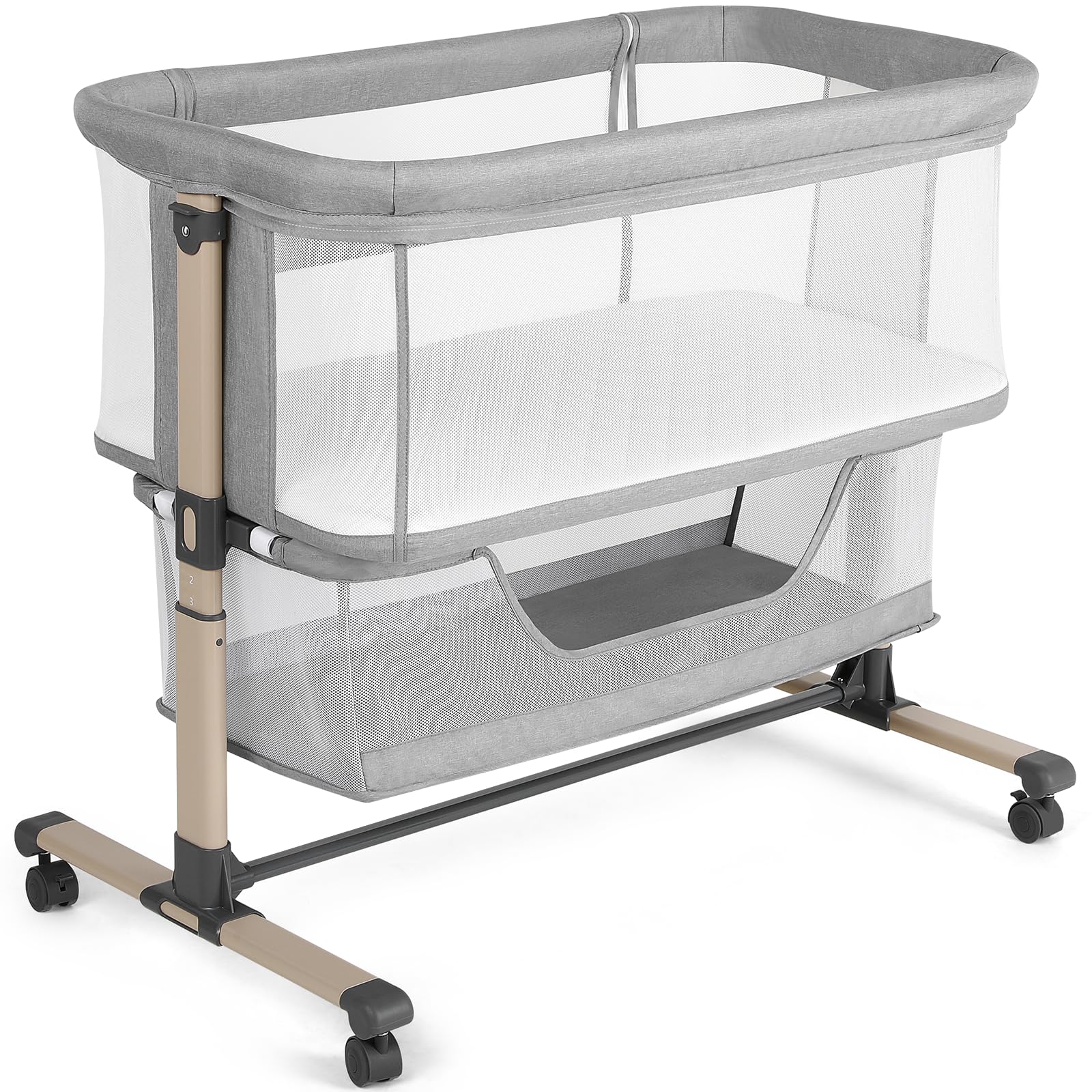 Cowiewie Bassinet Bedside Sleeper, Portable, Breathable, Adjustable Baby Bedside Bassinet for Peaceful Nights, Light Grey
