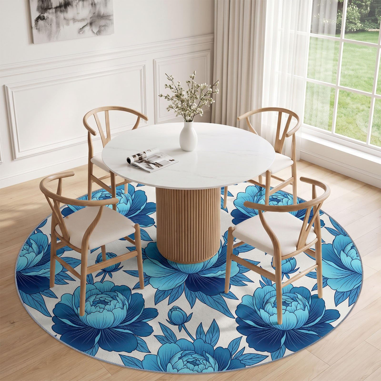 Tapis Rond Francais Campagne 120 cm, Pivoine Fleurs Feuilles Boutons Lavable en Machine pour Salon, Bleu Blanc Antidérapant, Poil Court Tapis Rond Imprimé pour Chambre d’Enfant Nurserie