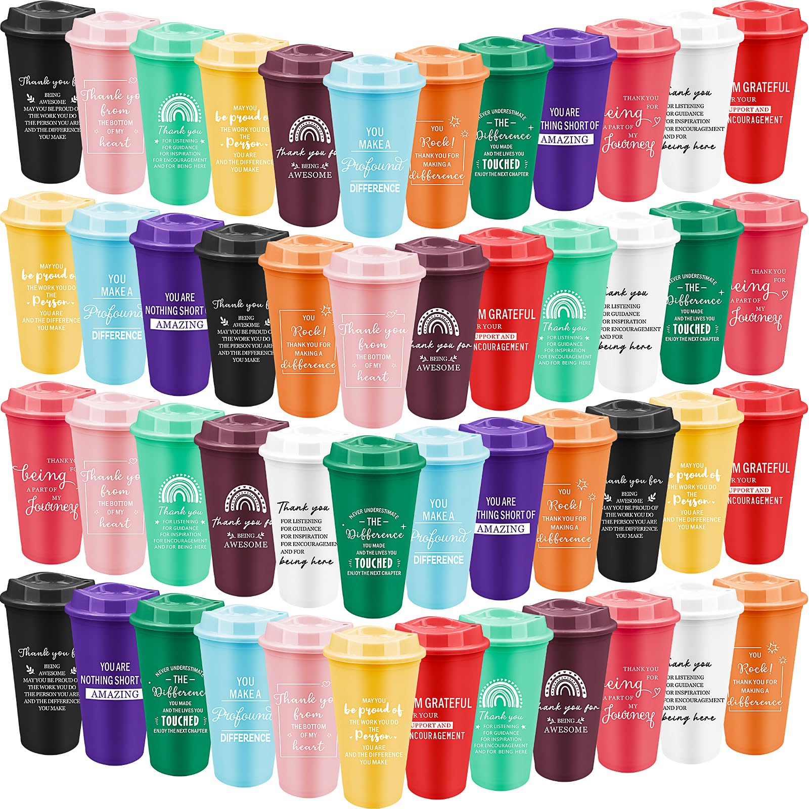 MSYU 48 Pcs Thank You Gifts Coffee Cups Bulk 470 ml Employee Appreciation Gift Inspirational Tumbler with Lid Reusable Plastic Coffee Cup for Women Teacher Coworker Staff (Classic Colors)