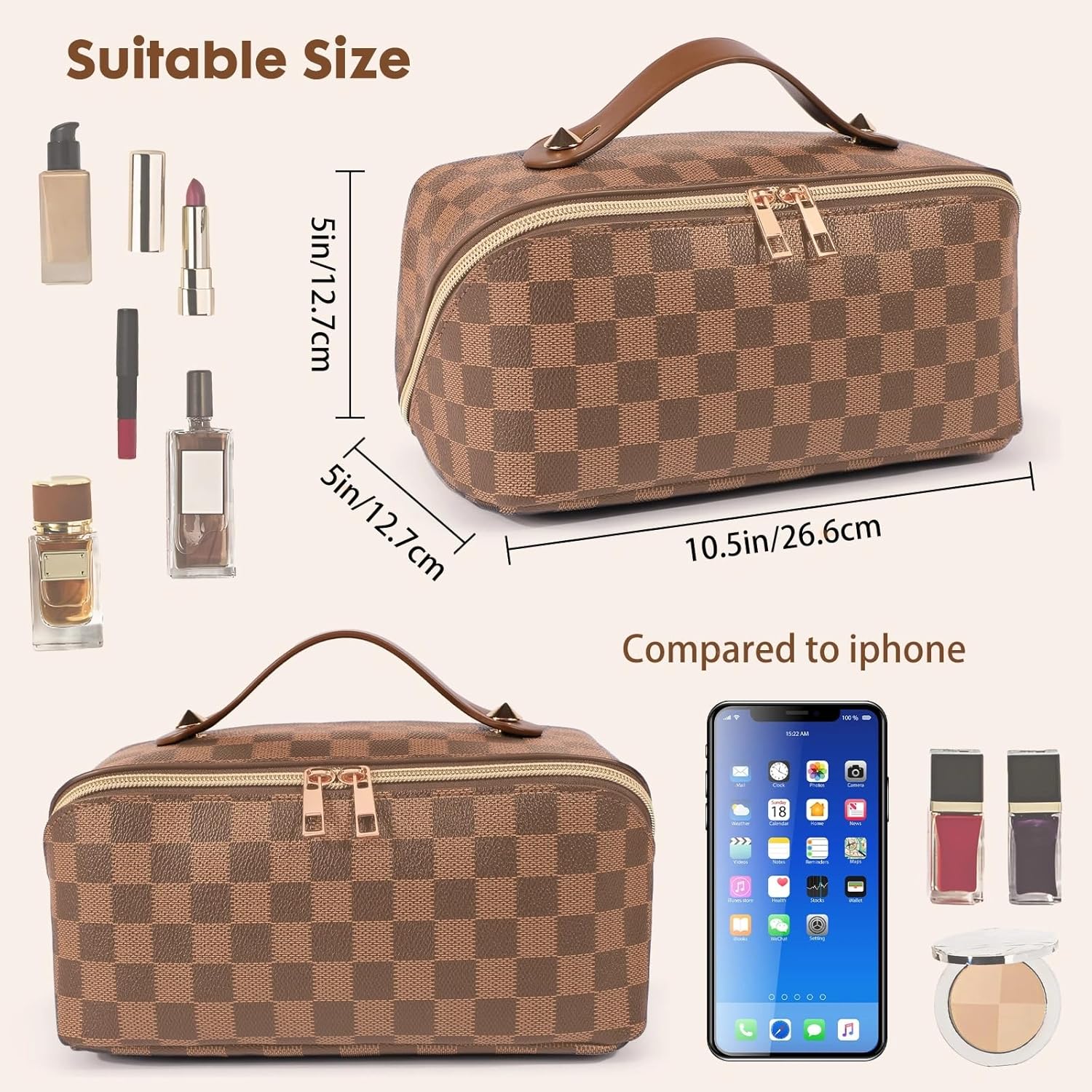 Leather Travel Makeup Bag, Large Capacity Cosmetic Bag for Women, Waterproof Portable Pouch with Divider, Toiletry Organizer with Handle, 10.5x5x5 Inches, Deep Brown - Image 4