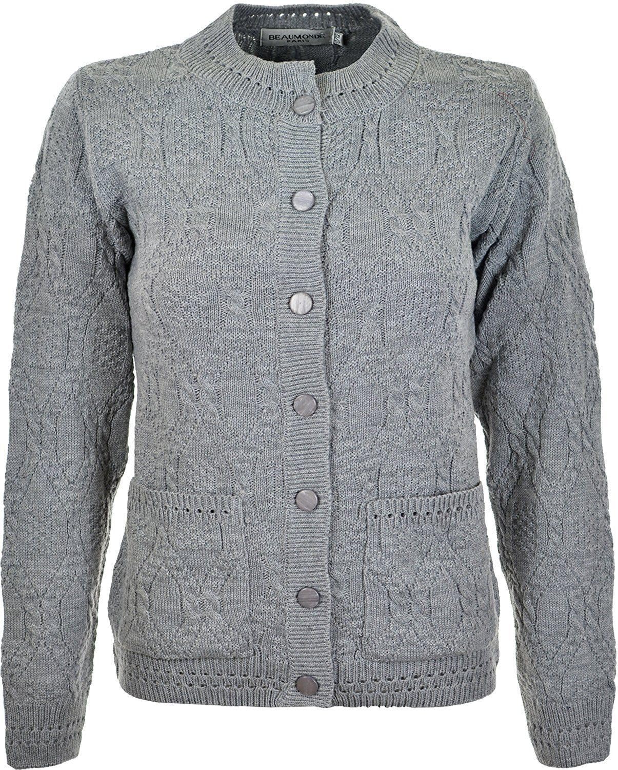 WearAll Women's Ladies Long Sleeve Button Top Aran Knitted Cardigan Button Clouse Crew Neck UK (22/24, Grey)