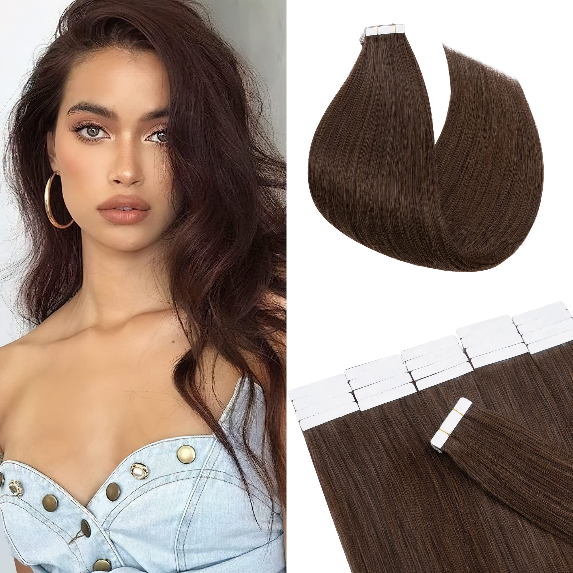 12"(30cm) SEGO 10PCS Extensiones Adhesivas Naturales Pelo Humano sin Clip [#4/27 Castaño Chocolate/Rubio Oscuro] Cabello 100% Remy Liso Balayage Tape in Human Hair (20g) — view 40