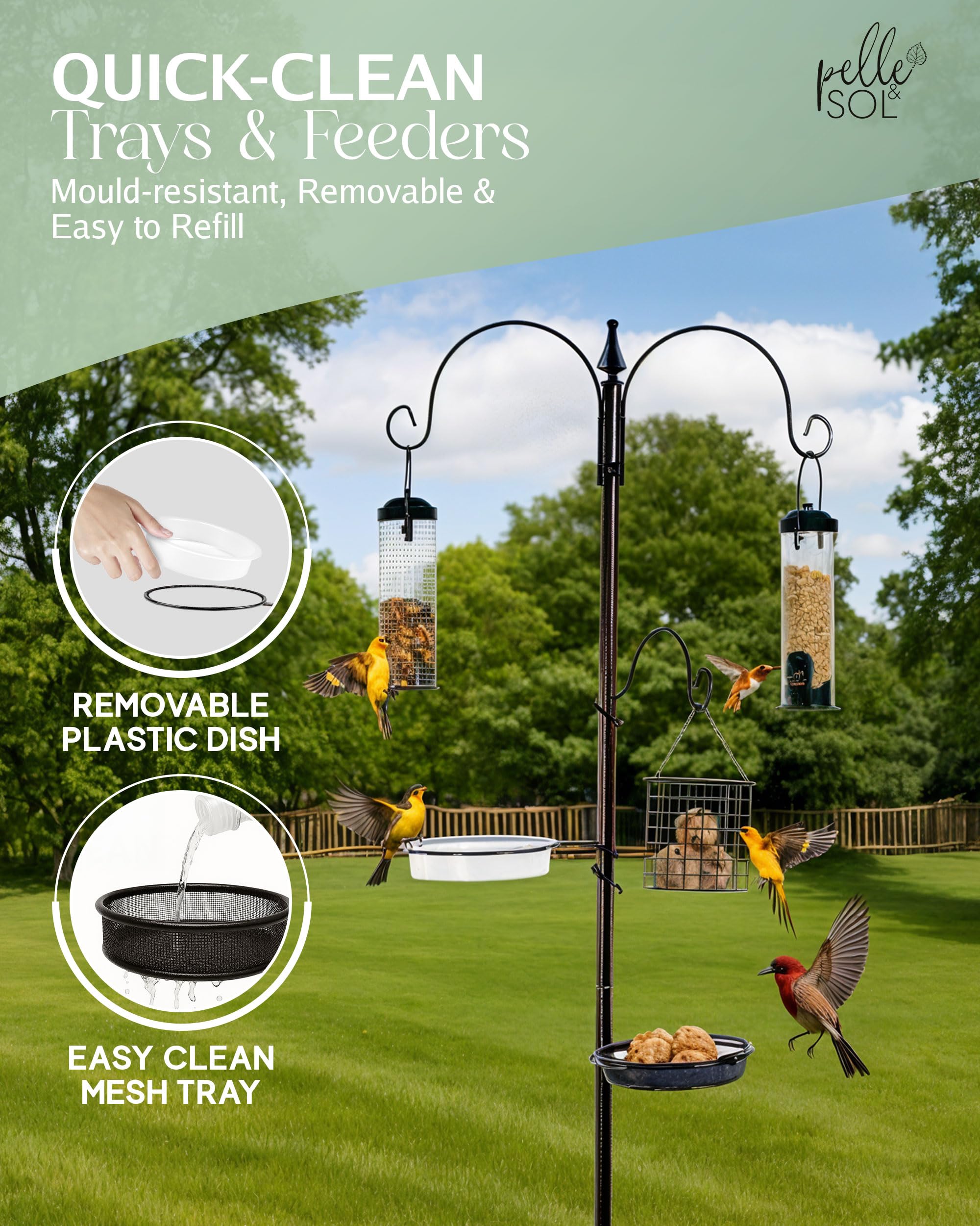Pelle & Sol Bird Feeder with 3 Feeders & 2 Dishes | Bird Feeders Hanging Station, Bird Feeding Stations for the Garden, Bird Feeders for Small Birds — view 6