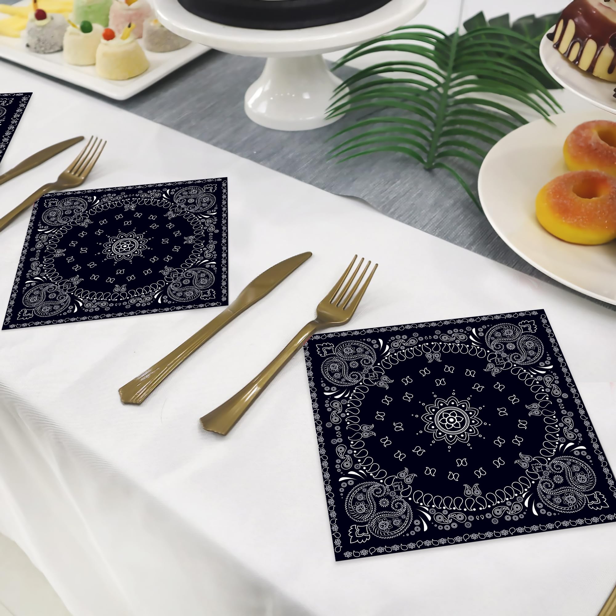 40 Stück Bandana-Servietten Western-Style - Schwarz Mit Blauer Rose, 33x33 Cm