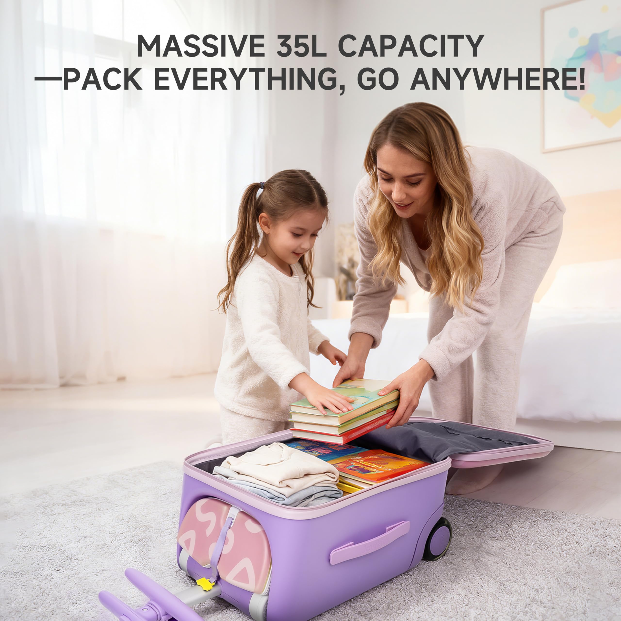 Jovikids Kinderkoffer zum Draufsitzen, 3 in 1 32L Trolley Kinder mit Teleskopstange und 4 Rollen, Reisekoffer Kinder, Faltbar und abnehmbar, mehrere Fächer (Rosa)