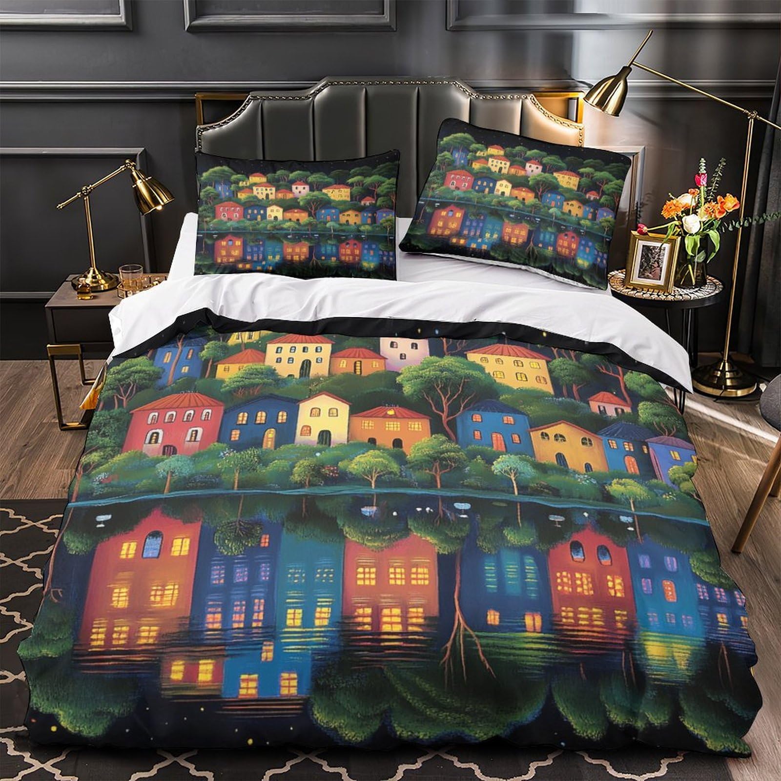 Housse de Couette Village Nocturne 3D King avec éclair dissimulé pour stopper la couette qui glisse