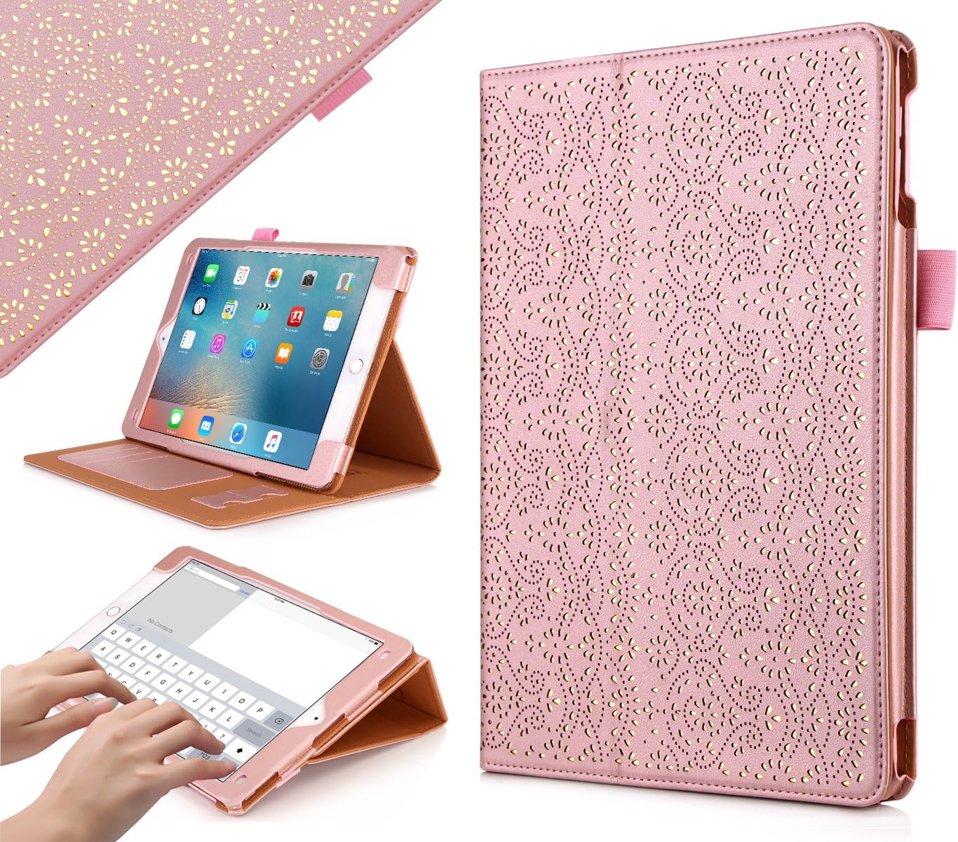 iPad Pro 9.7 Case, WWW[Luxury Laser Flower] Premium PU Leather Case Protective Cover with Auto Wake/Sleep Feature for Apple iPad Pro 9.7 Pink