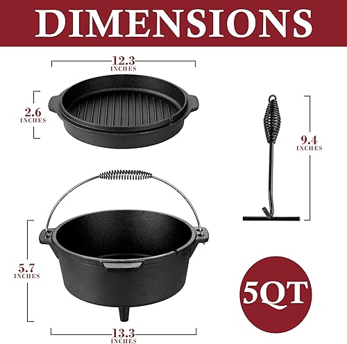 Miniatura 3 de Leonyo Horno holandés de hierro fundido con tapa, horno holandés de 5 cuartos de galón con elevador de tapa, olla de hierro fundido 2 en 1 con mango