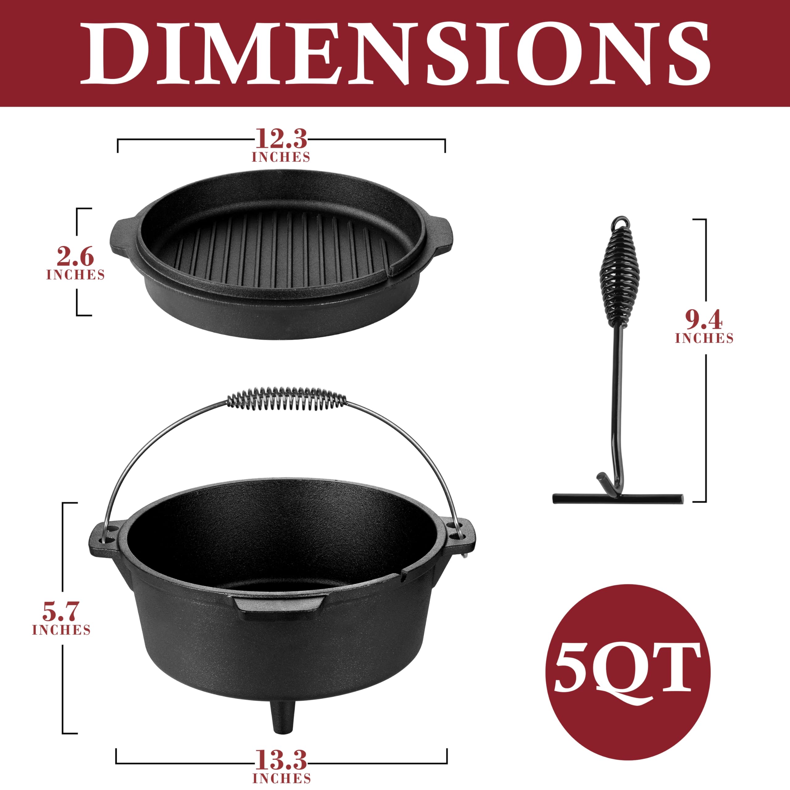 Leonyo Forno olandese da campeggio con sollevatore per coperchio, pre-stagionato e in ghisa, 5QT