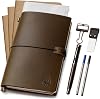 WANDERINGS A5 Travel Notebook / Handmade Genuine Leather Journal - 6 Inches x 8.5 / 15 cm x 22 cm - Refillable Travel Diary with Pen Holder Pen and 2 Refills PVC Folder and Binder Clip