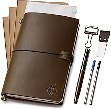 WANDERINGS Genuine Leather A5 Travel Notebook - 22 x 15 cm Refillable Travel Journal Includes Pen Holder with Pen and 2 Extra Ink Refills, PVC Folder and Paper Clip
