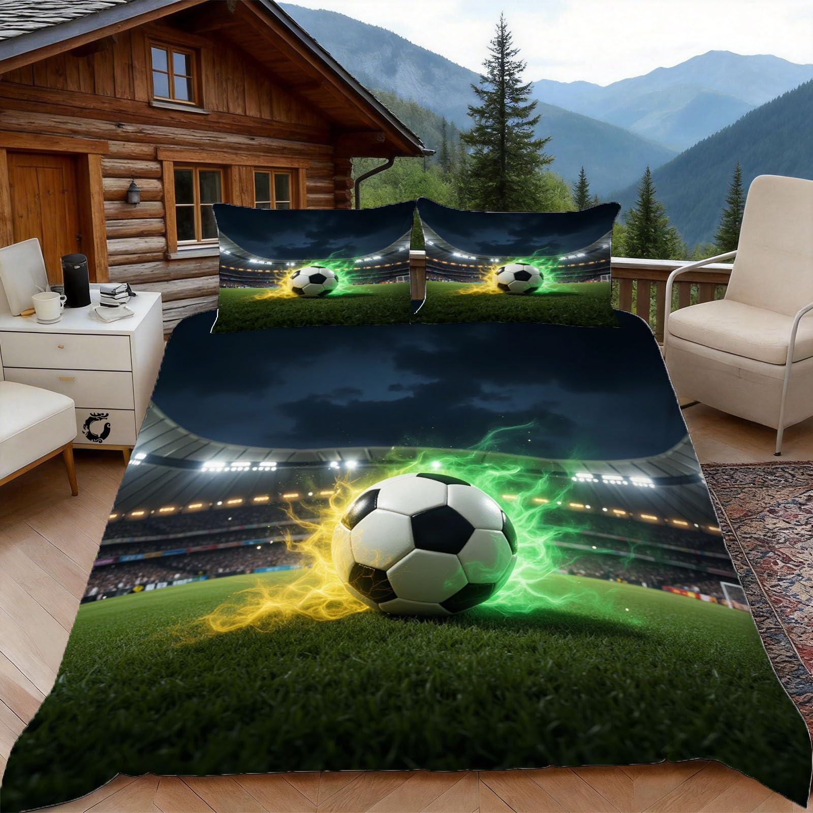 3D Single Duvet Cover Set 3D Printed Soccer Bedding, Sports Style Soft Microfibre Duvet Cover Sets Quilt Cover and Pillow Set with Zipper 3 Pcs