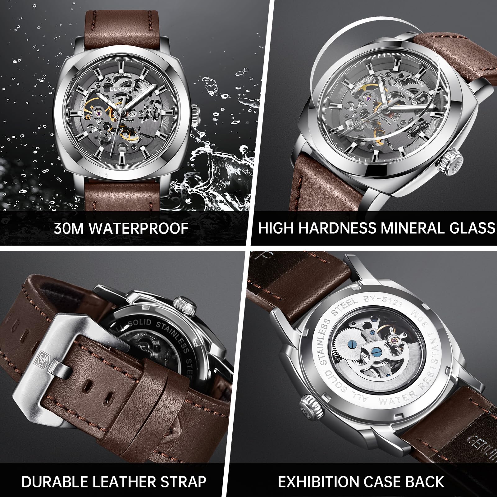BENYAR - Reloj mecánico automático para Hombre, Correa de Piel, Movimiento Dorado, Esfera Esqueleto de 45 mm, Resistente al Agua y a los arañazos, Regalo Elegante para Hombre