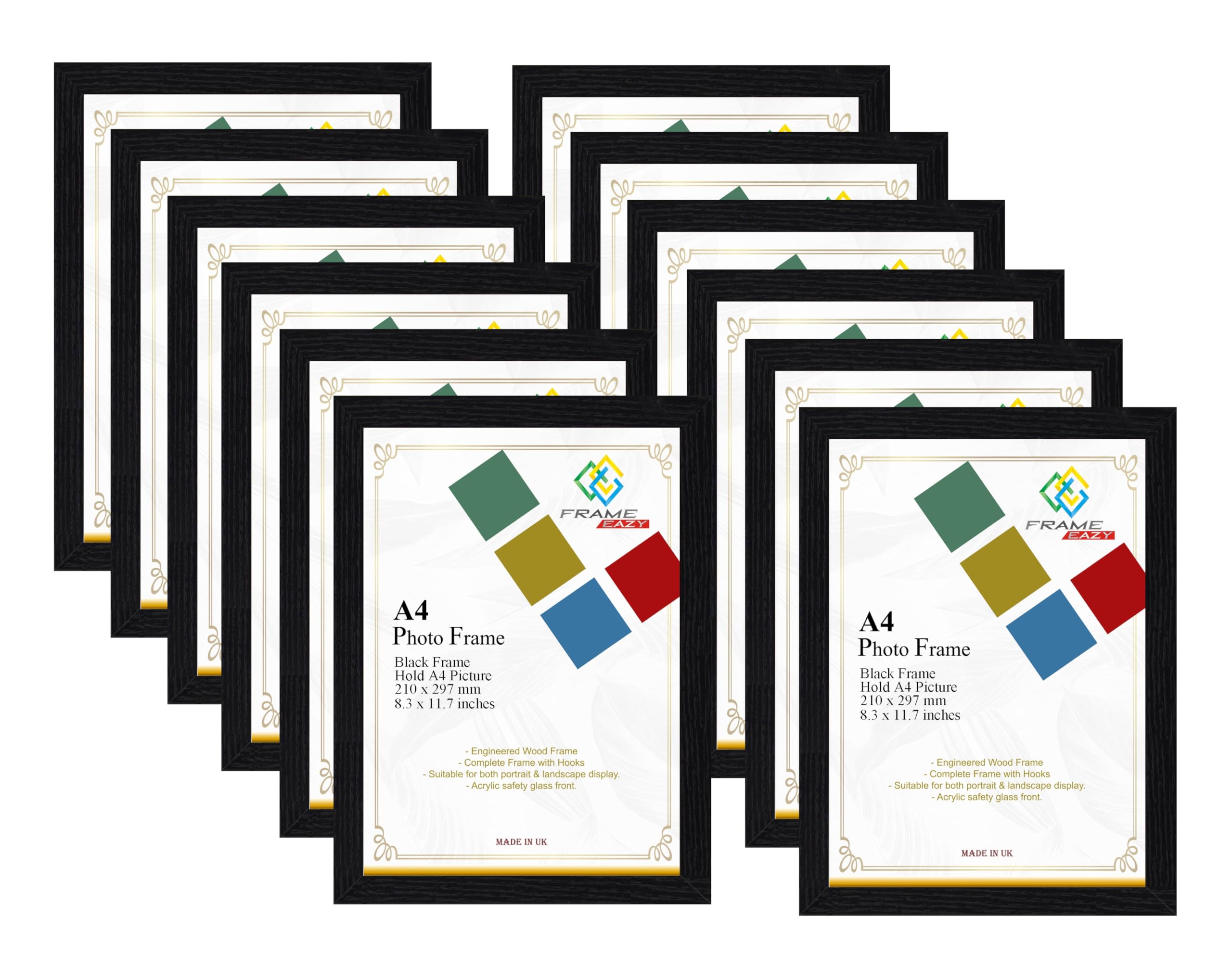 FRAME EAZY Black Modern A4 Photo Frame Multipack of 12 in Size 29.7 x 21cm Picture Frames - A4 Certificate Frame - Black Frame with Clear Perspex Sheet & Wall Mounted Hooks - Box of 12