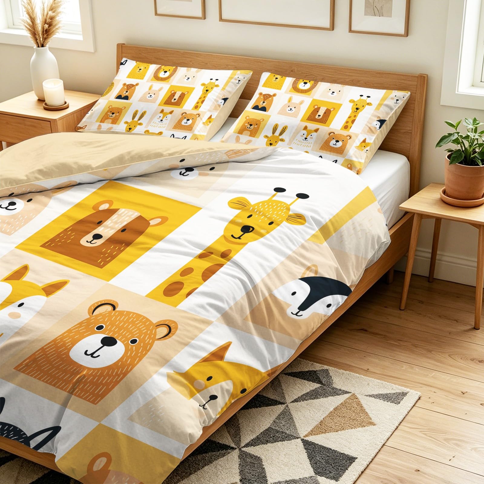 Generisch 3-częściowy komplet pościeli 200 x 200 cm, śmieszne zwierzęta, kolaż, słodkie portrety z zamkiem błyskawicznym, miękka mikrofibra, dla dzieci i dorosłych, beżowa