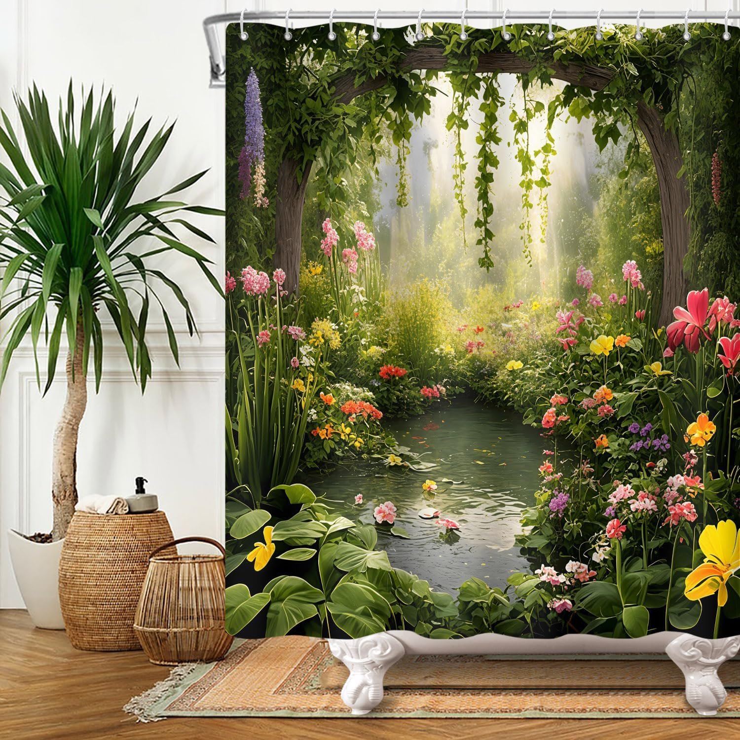 Uiyiui Multicolor-5 Enchanted Forest Shower Curtain 47X71in/120X180/Wxh Green Flowers Lotus In Pond Waterproof Bathroom Curtain, Beautiful Garden Bathroom Natural Decoration With Hooks
