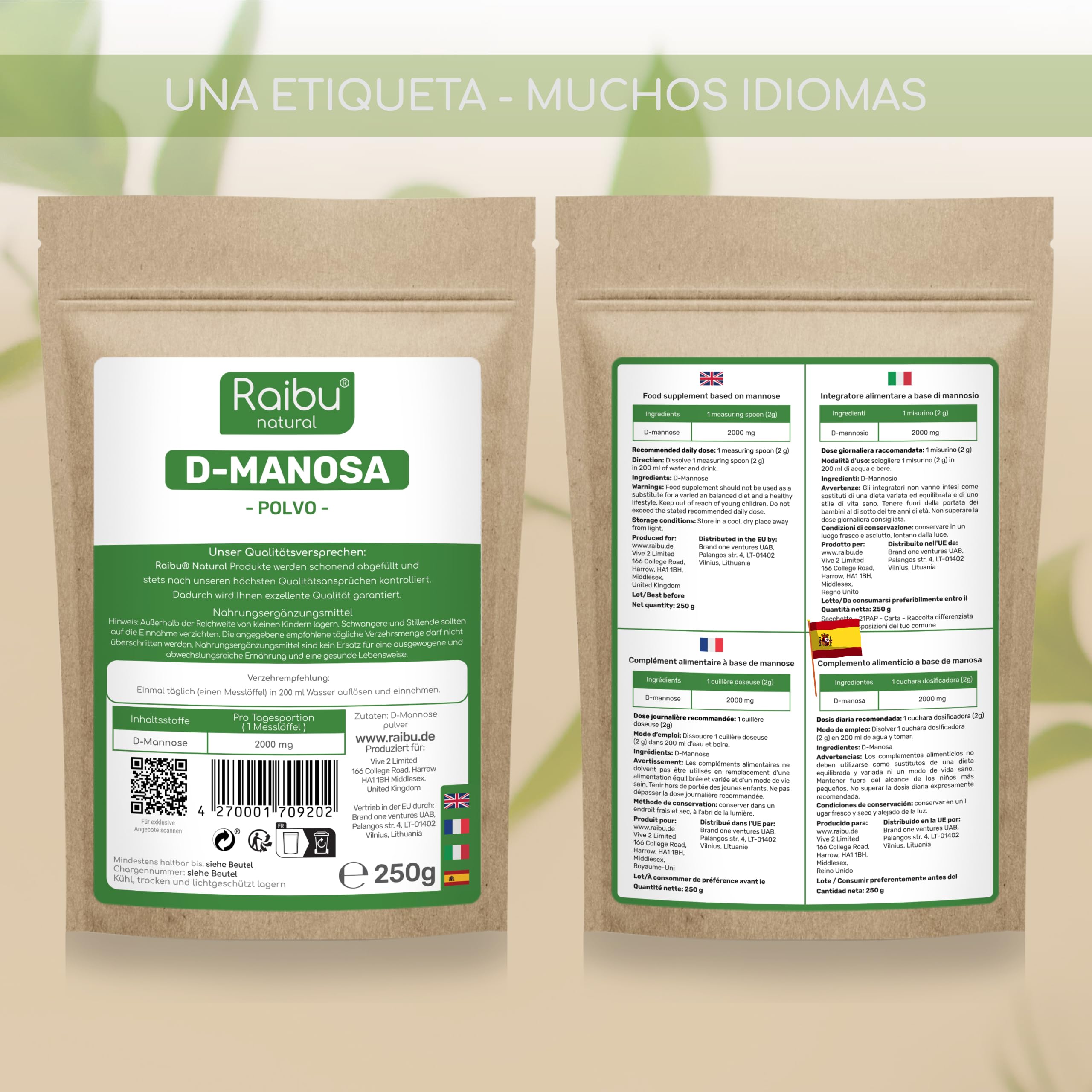 RAIBU Polvo de D Manosa 250g - Polvo de D-Manosa envasado y verificado por laboratorio en Alemania I Natural, Vegano,Sin Aditivos I Incluye Cucharita Dosificadora