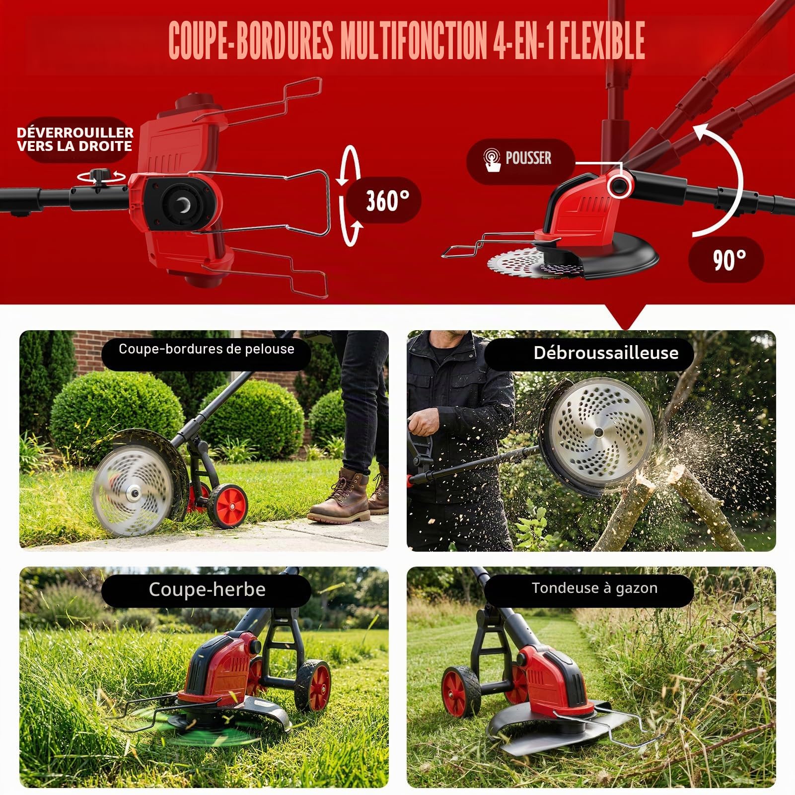 Débroussailleuse à Batterie 12 Pouces avec Roue, 20000 TR/Min, Coupe Bordure sans Fil avec 2 Batterie 3.0Ah, 4 Types De Lames, Moteur sans Balais, Poignée Réglable pour Jardin, Pelouse