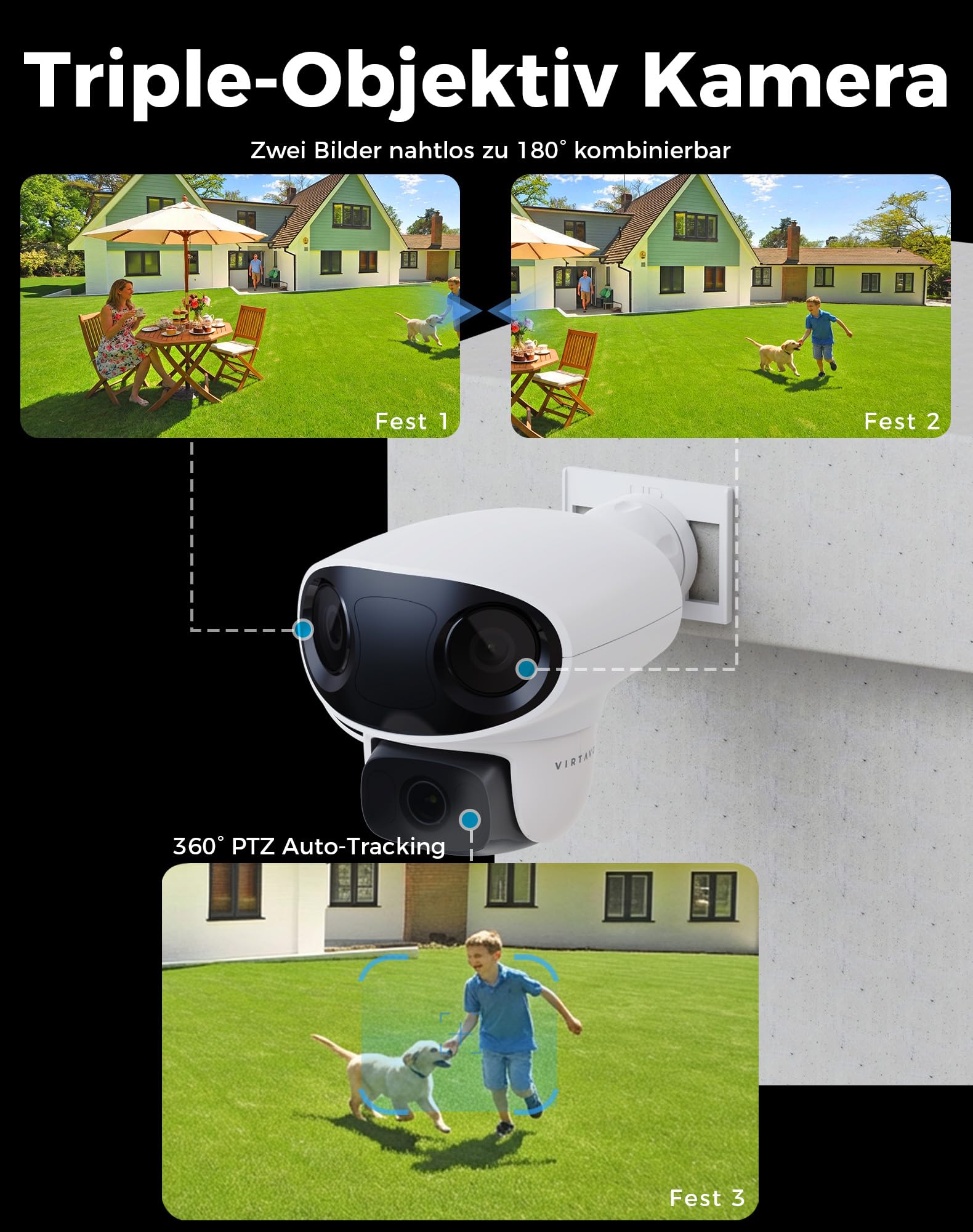 VIRTAVO TL1 WLAN Überwachungskamera Außen, 1080P Triple-Objektiv, 160° Panorama + 360° PTZ, Farb-Nachtsicht mit Starlight, KI-Personenerkennung, 2-Wege-Audio, IP66, Ohne ABO-Pflicht