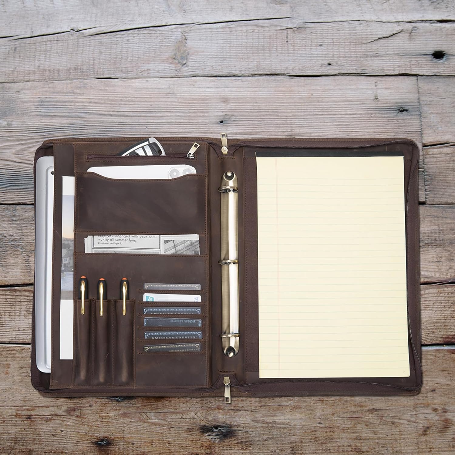Genuine Leather 3 Ring Binder Portfolio, 8.5 x 14 Legal Size Pad Holder, Hidden Handle, Zippered Padfolio with 15” Laptop Organizer, Professional Business Folio for Men Women, Dark Khaki - Image 2