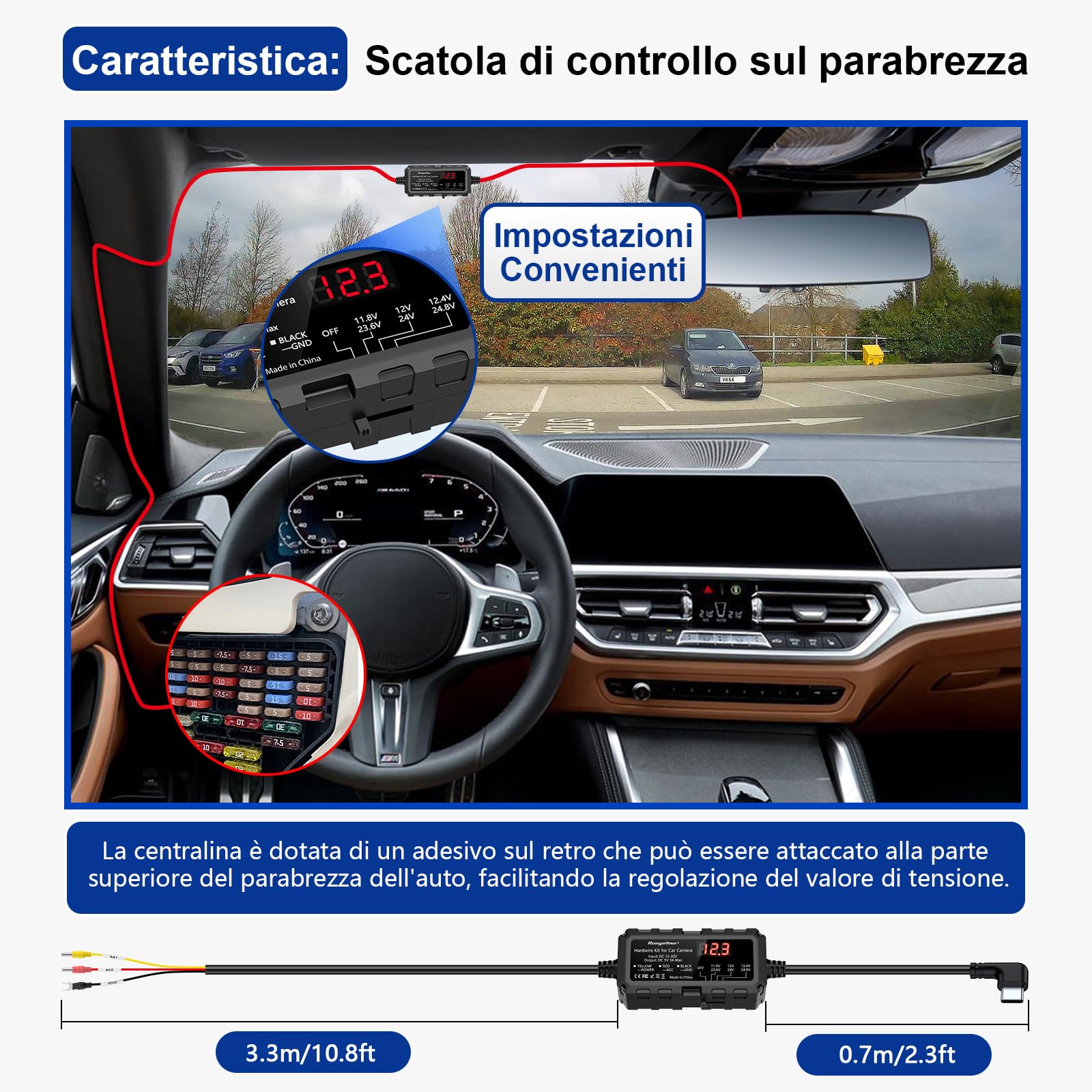 Kit Cablaggio USB-C con Schermo LED, 12V-32V a 5V 3A Auto Cavo di Ricarica Kit 4m 3-Core con Protezione Regolabile a Bassa Tensione, Dash Cam Hardwire Kit Monitoraggio Parcheggio 24 Ore