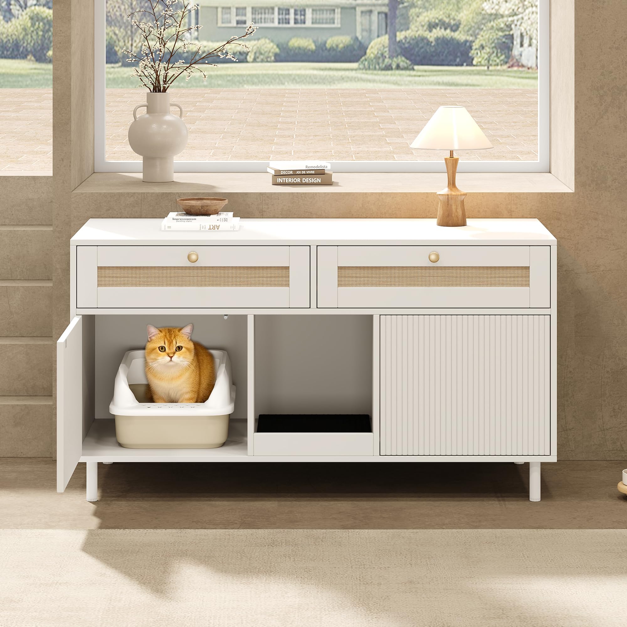 Katzentoilettenschrank mit Katzenstreufangmatte, Katzenstreuschrank, Haustierschrank mit Rattanschublade, Haustier-Sideboard/TV-Schrank, ohne Katzenstreu-Box, Weiß, 120x50x65 cm