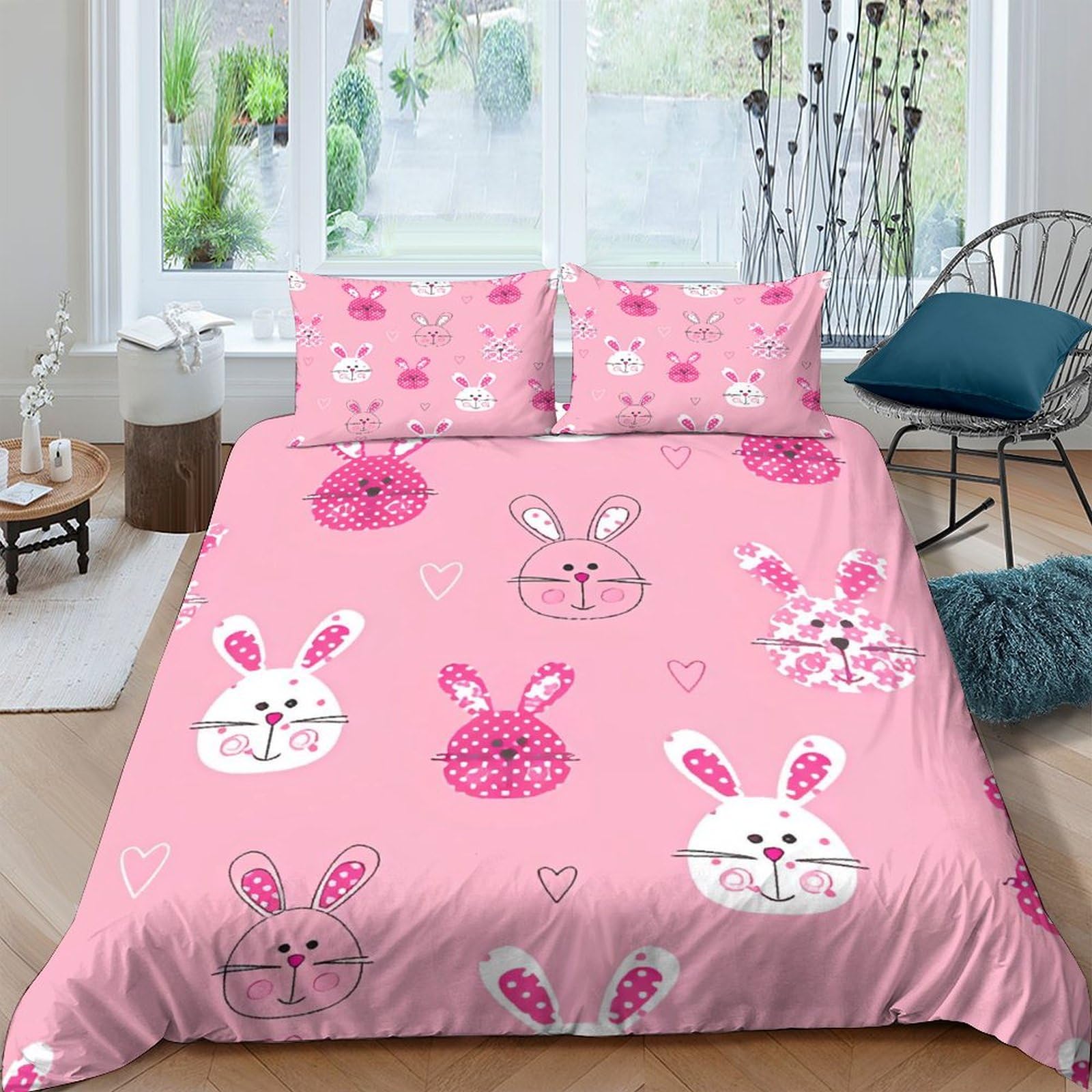 Housse de couette lapin sakura 200x200cm rose microfibre parure de lit 3 pièces