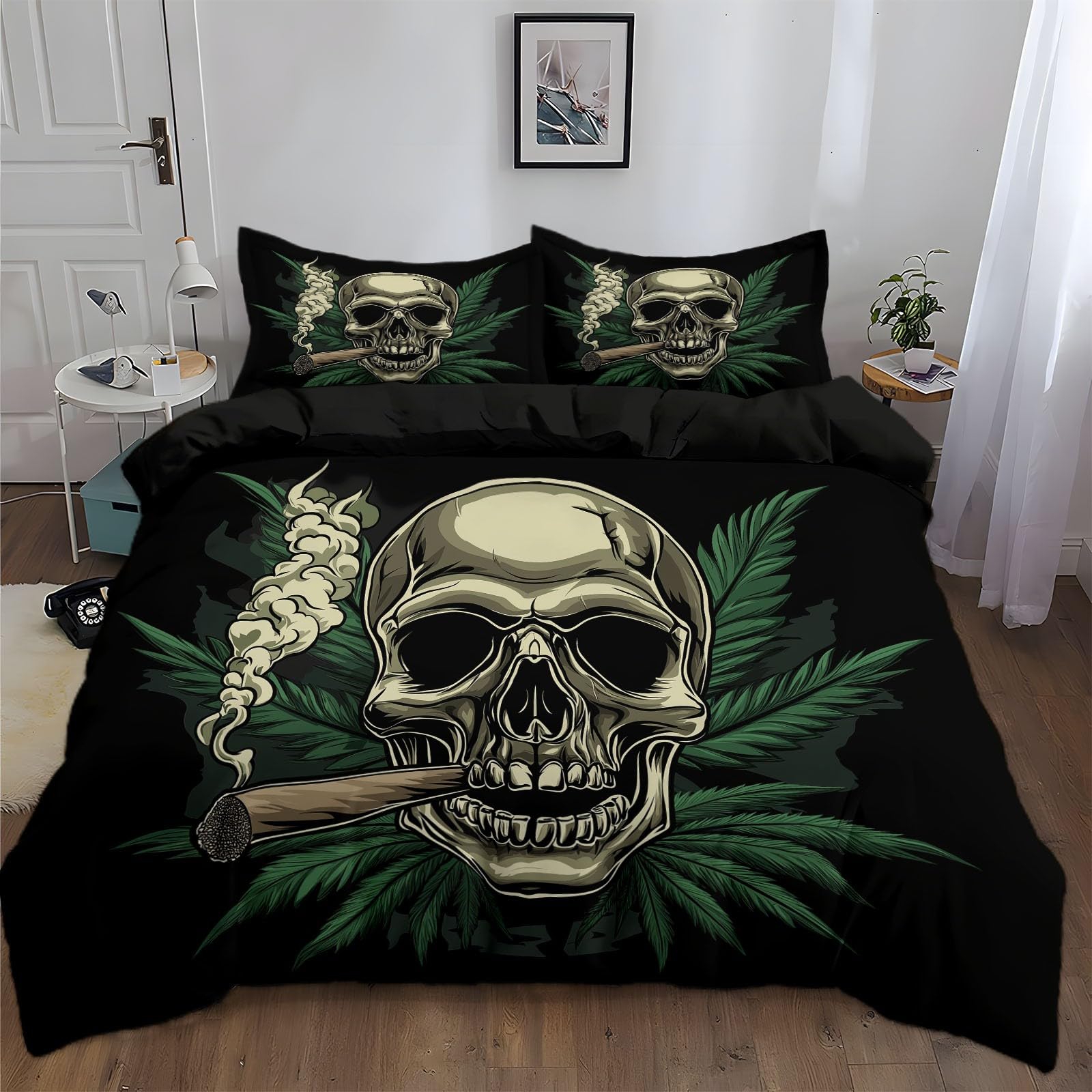 California King Duvet Cover Cartoon Skull Leaves Cal King Bedding Duvet Cover Set, 3 Pieces, Soft and Breathable Comforter Cover with 2 Pillow Shams, for All Season