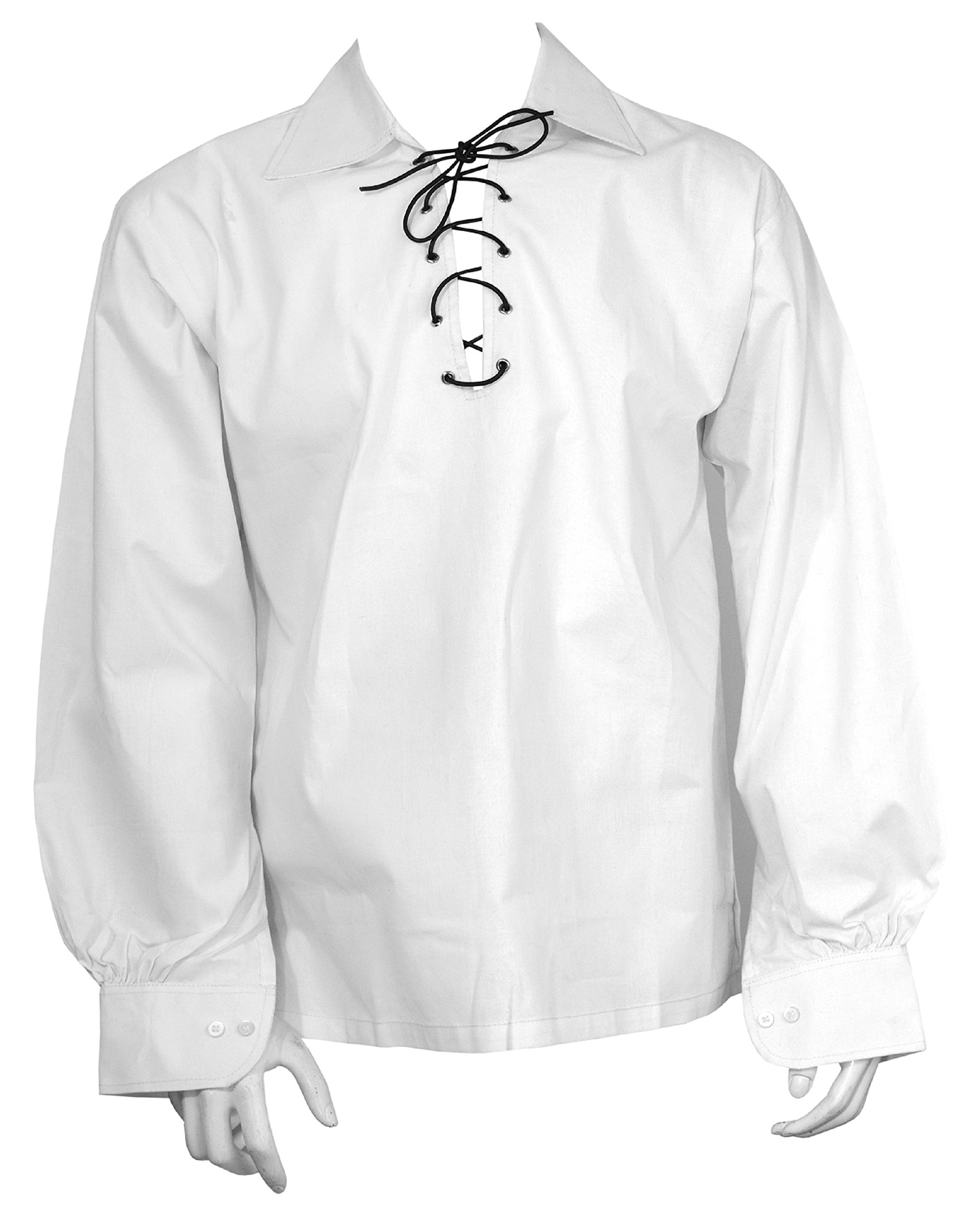 Jacobite Shirt for Men Scottish Ghillie Kilt Shirt Long Sleeve Lace Up Medieval Renaissance Pirates Shirt (White, L)