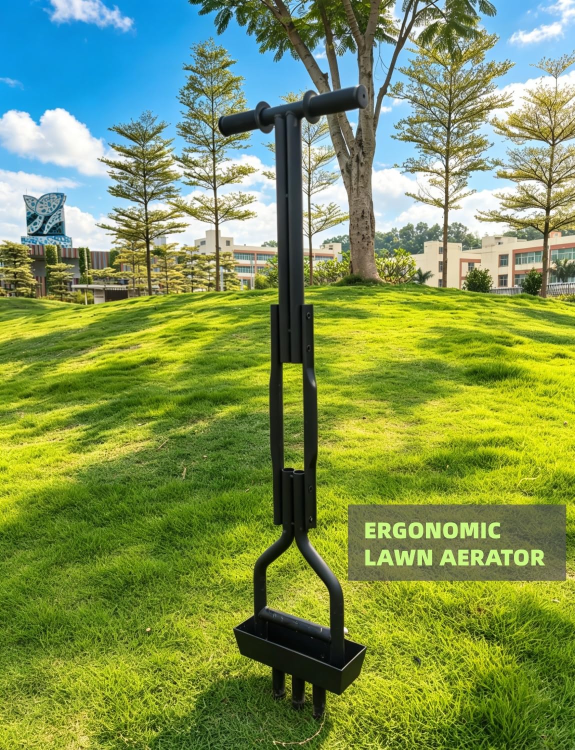 Aérateur Gazon Manuel 3 Pointes Acier trempé 99 cm – Carotteuse avec Cadre 21.5 cm – Poignée Fixe – Petite pelouse – Homme, Femme, âgé