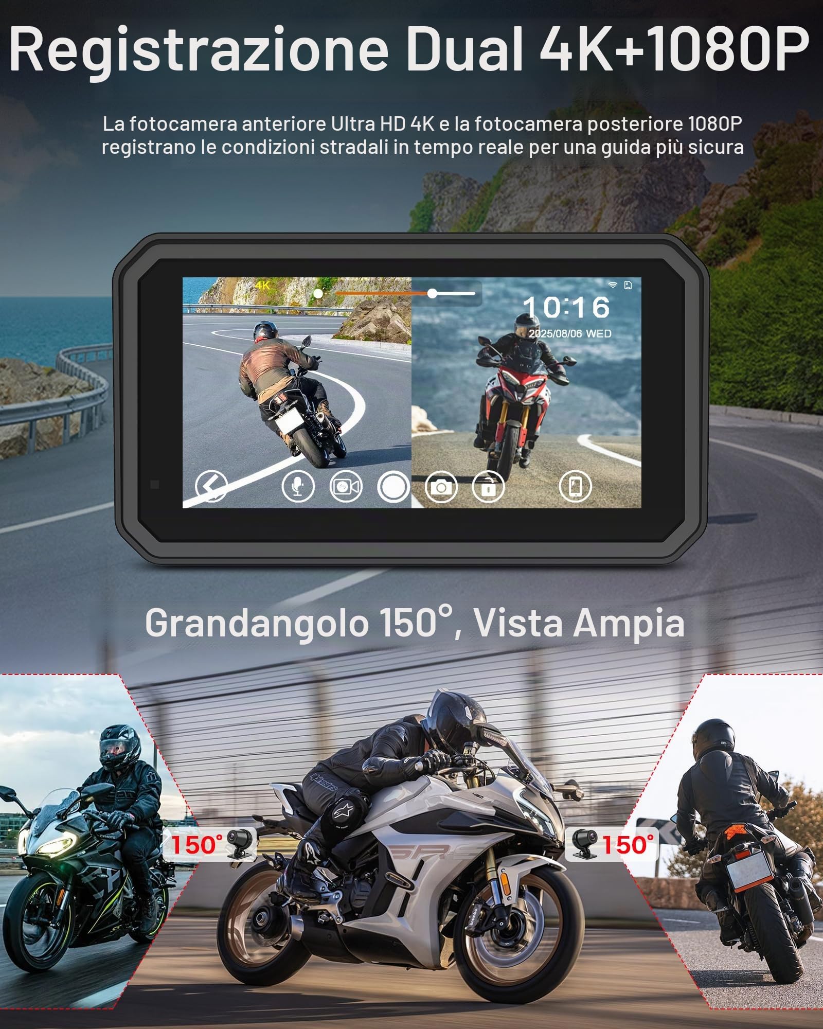 Jansite Moto Carplay Schermo con HD 4K Dash Cam 6,25'' Touchscreen | Doppia Telecamera Anteriore e Posteriore, Senza Fili CarPlay e Android Auto, Cablato Controller, BT Audio, GPS Navigatore