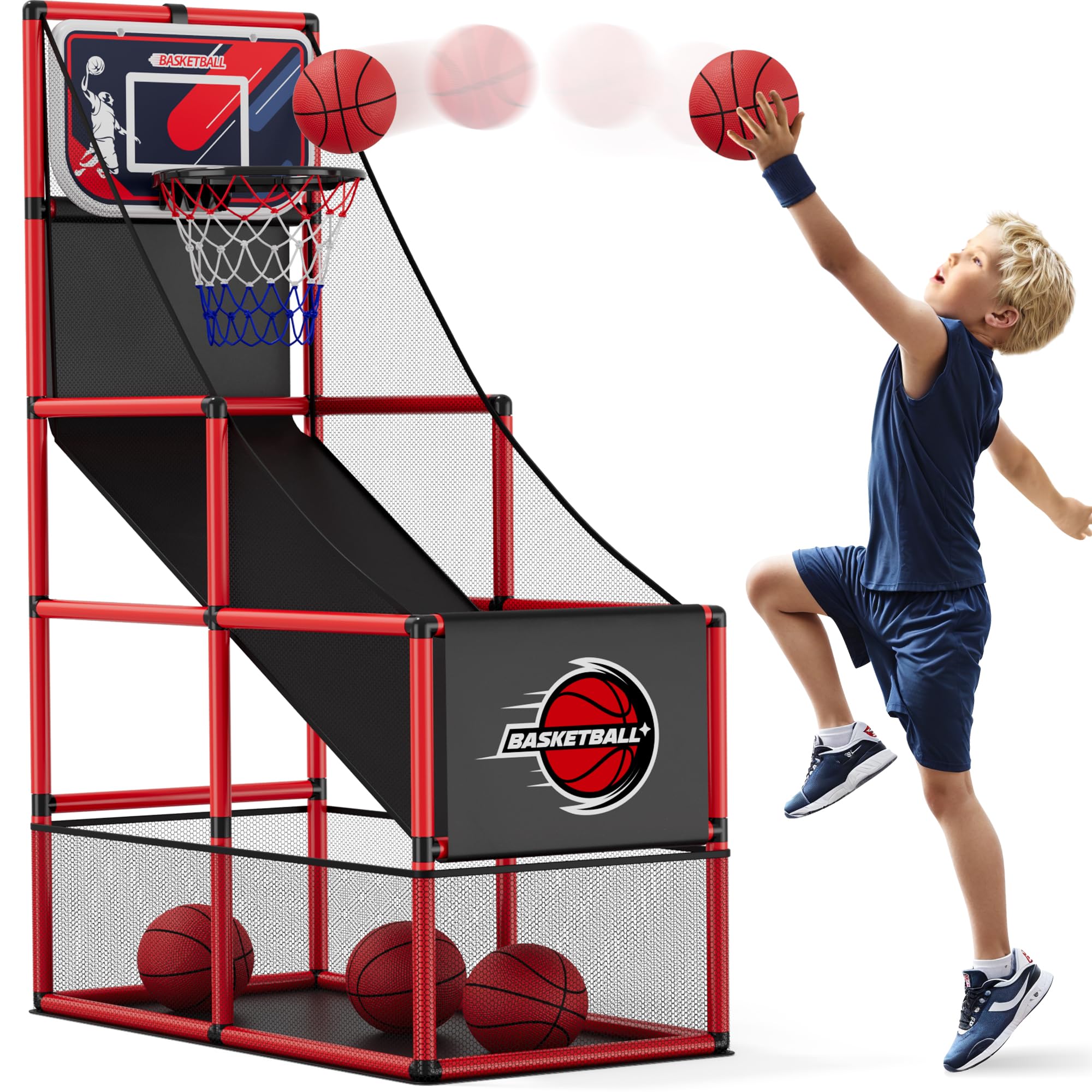 Basketball Arcade Game Indoor Outdoor, Kids Basketball Hoop with 4 Balls & Pump, Single Shot Basketball Game at Home, Carnival Games Sport Toys Gifts for Boys Girls Teens