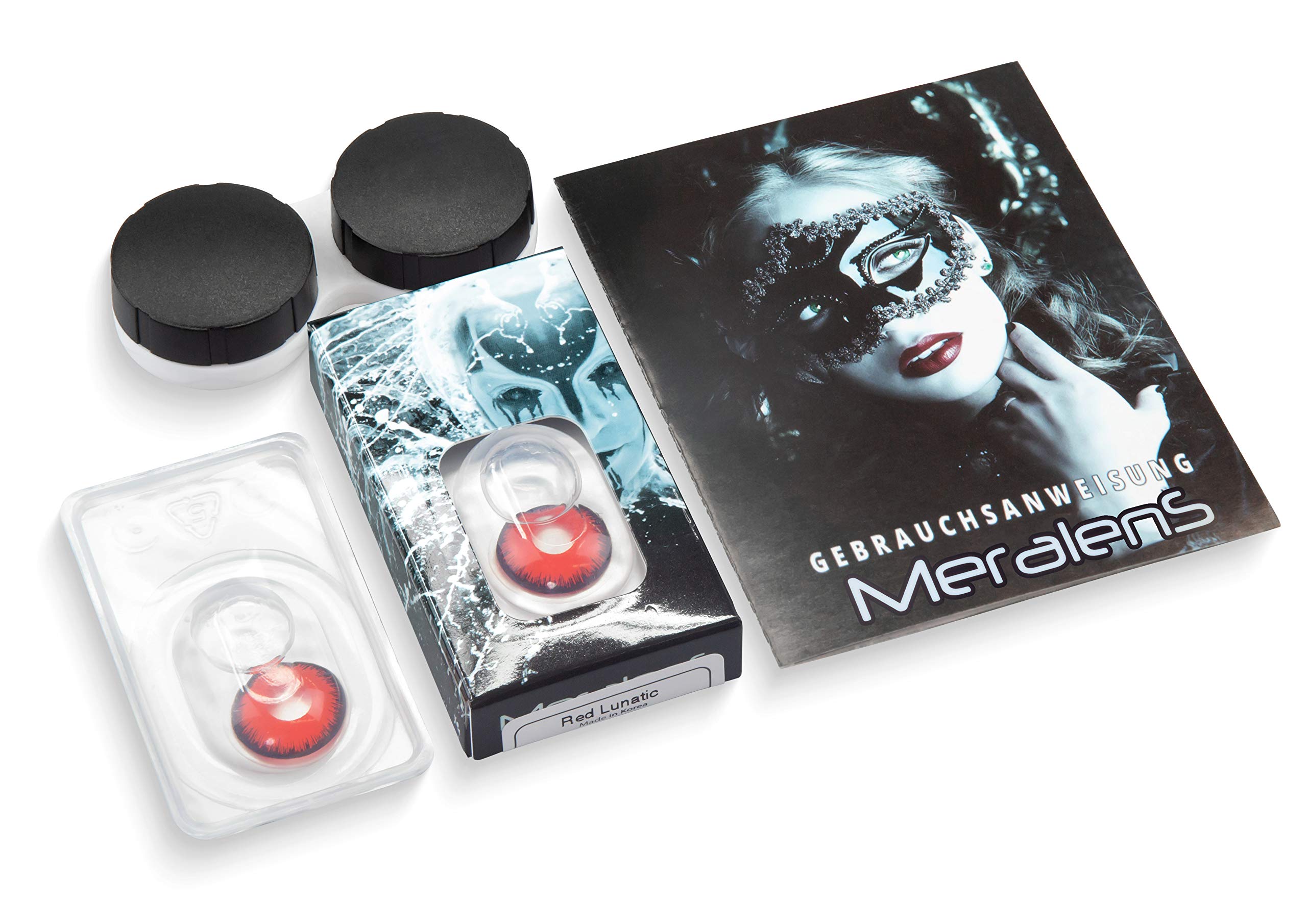 Lentillas de color rojo negro Red Lunatic 1 par. Cómodas y perfectas para carnaval de Halloween, cosplay de anime, blandas, sin dioptrías + recipiente de lentillas, sin graduación