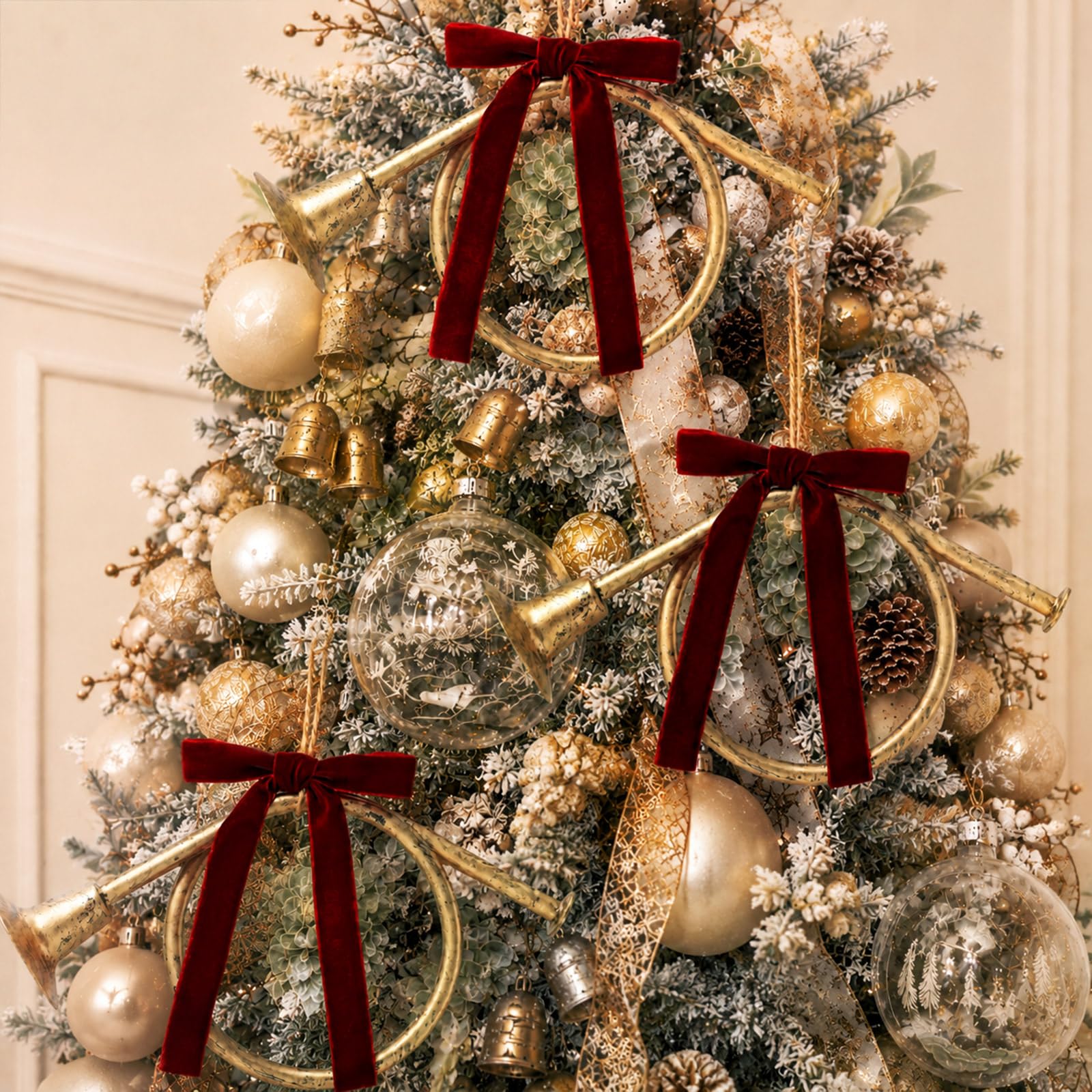 Civaner Set di 6 ornamenti natalizi da appendere in corno francese, 6 ornamenti in ottone con 6 fiocchi in velluto bordeaux per albero di Natale strumento musicale ornamento per le vacanze