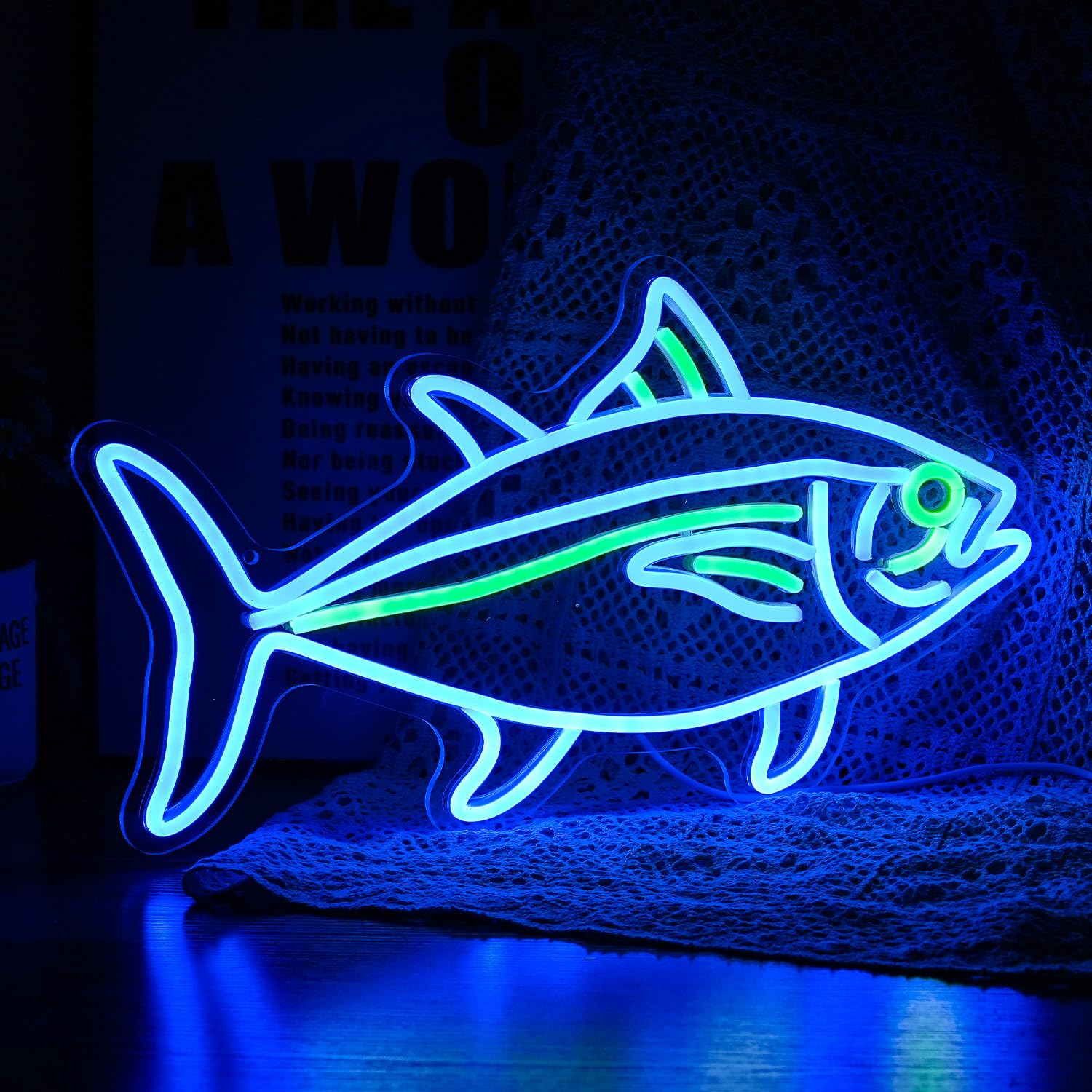 Neonowy znak tuńczyka, niebiesko-zielona ryba, neonowe znaki do dekoracji ścian, ściemniane znaki LED do sypialni, salonu, restauracji, biura, prezenty urodzinowe (40 cm x 25 cm)