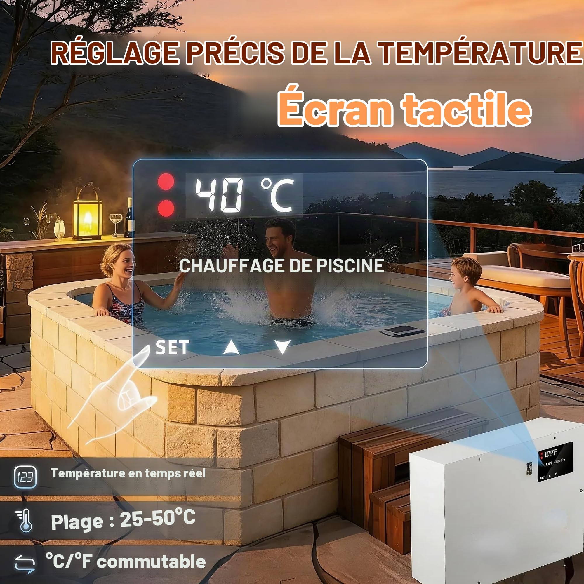Générique Pompe à Chaleur pour Piscines Chauffe-Piscine électrique 11 KW 220 V avec Thermostat 25-50 °C, Compatible avec Les Hors Sol et enterrées, Les spas et Les baignoires. Écran Tactile.